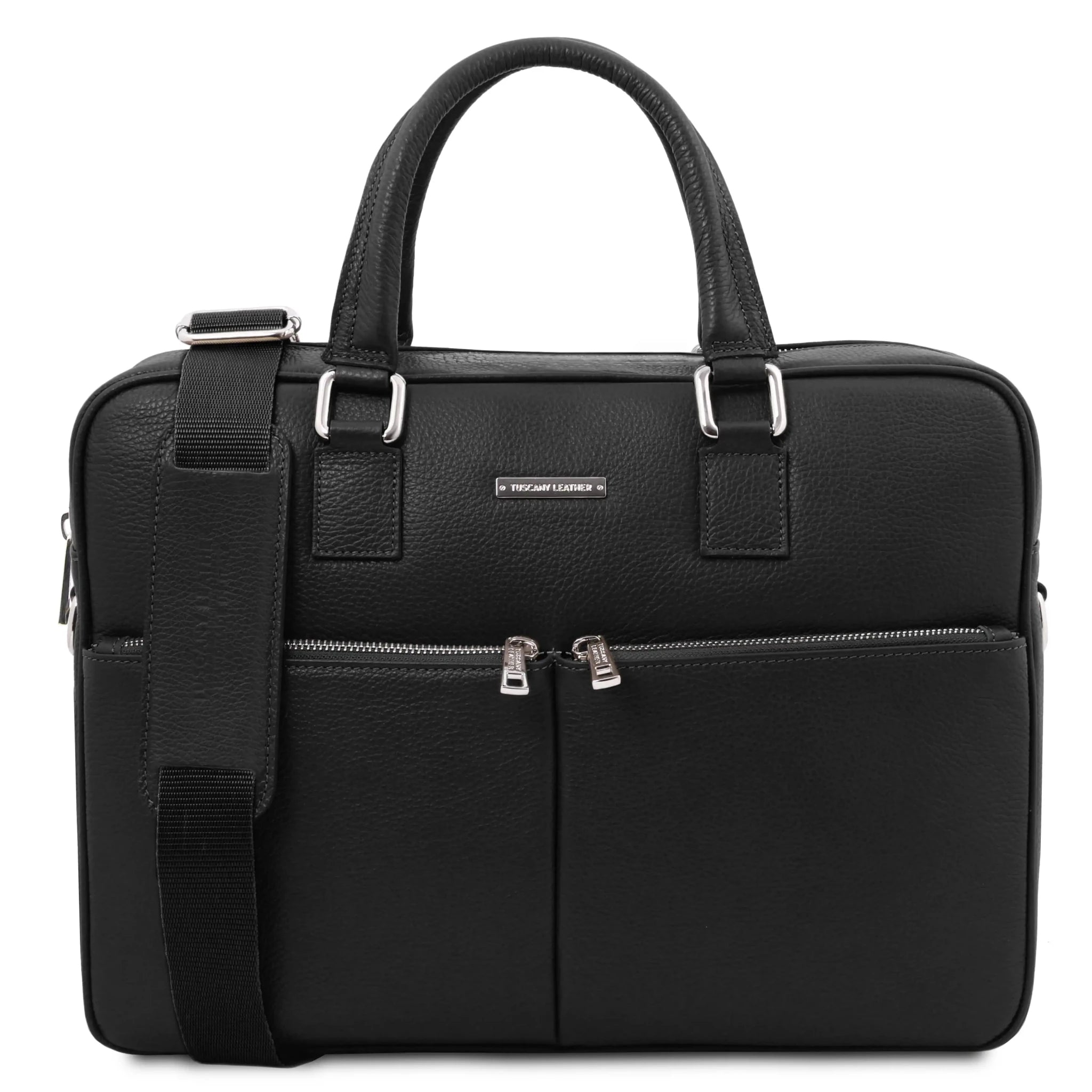 Front view Treviso Italian Pebbled Leather Laptop Briefcase in black