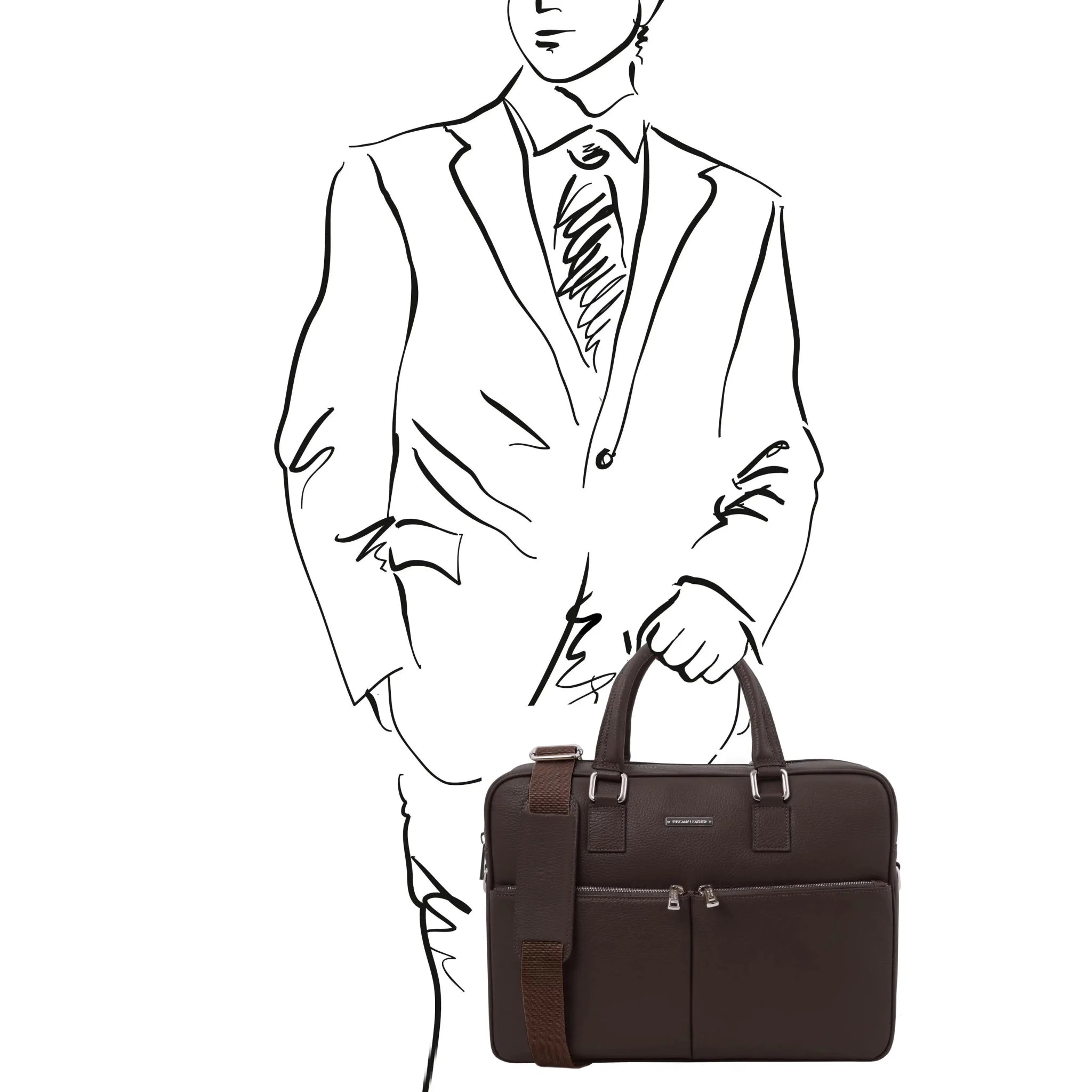 Black and white sketch of man holding dark brown Treviso Leather Briefcase