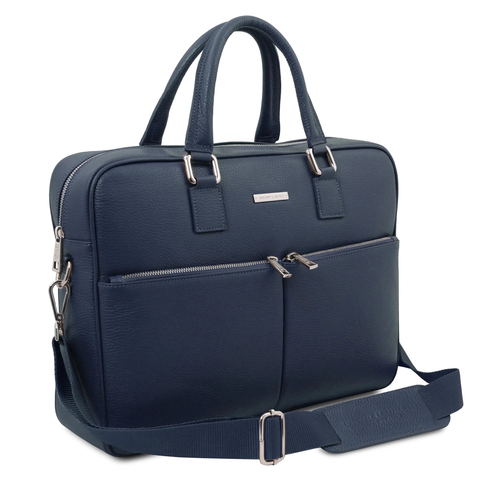 Front side view Treviso Briefcase in dark blue with shoulder strap