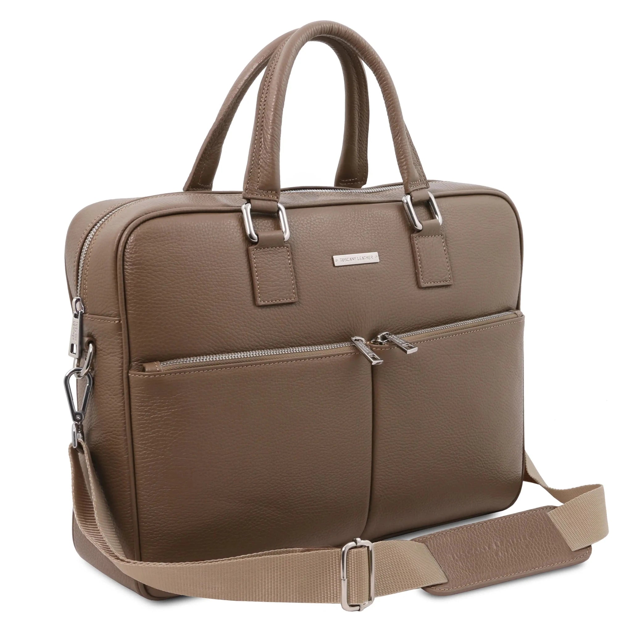 Front side view Treviso Leather Laptop Briefcase in dark taupe with shoulder strap