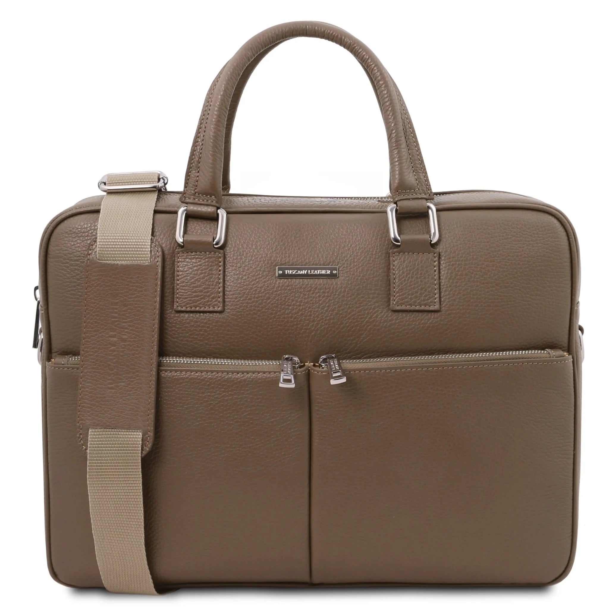 Front view Treviso Italian Pebbled Leather Laptop Briefcase in dark taupe