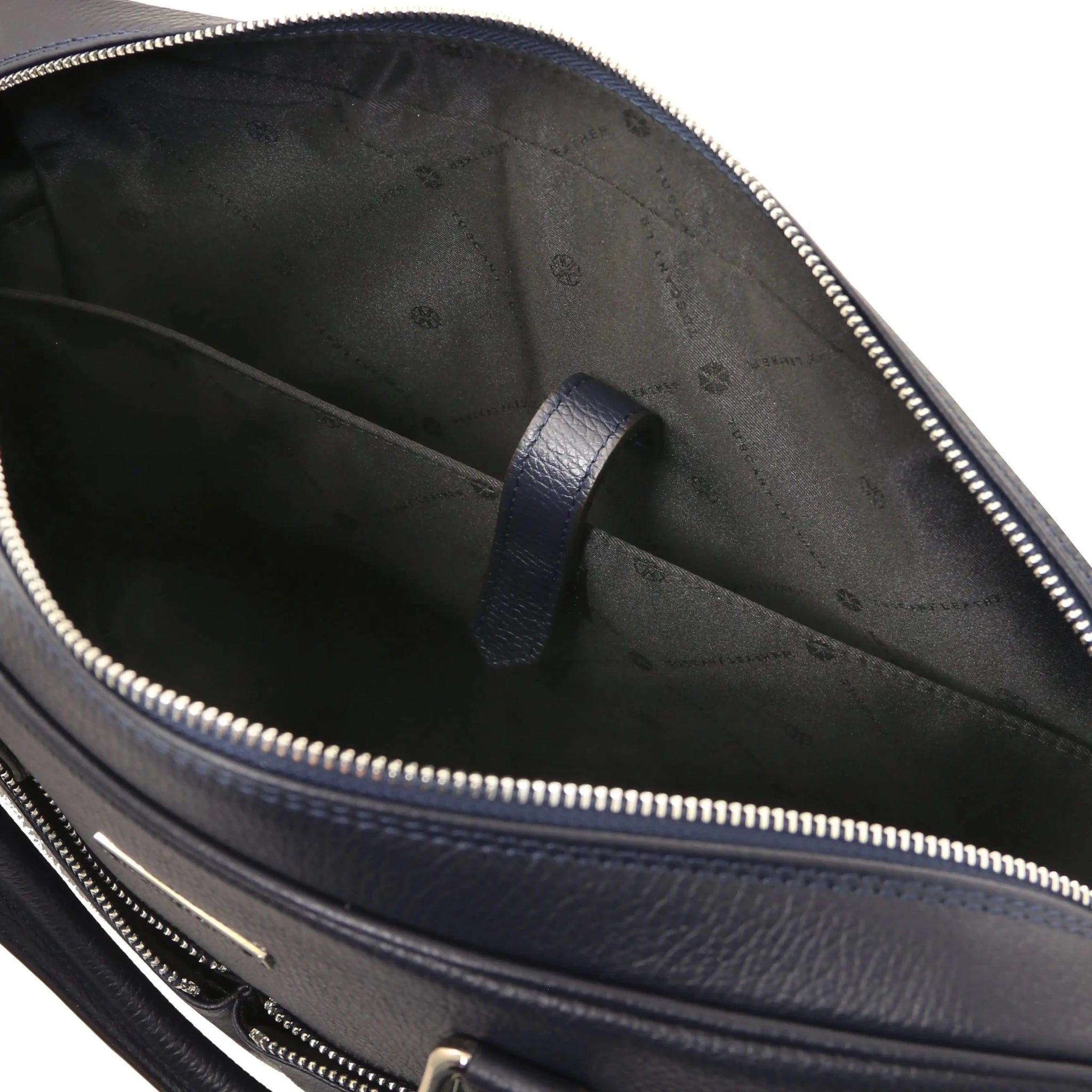 Interior padded compartment view dark blue Treviso Briefcase with dark brown lining
