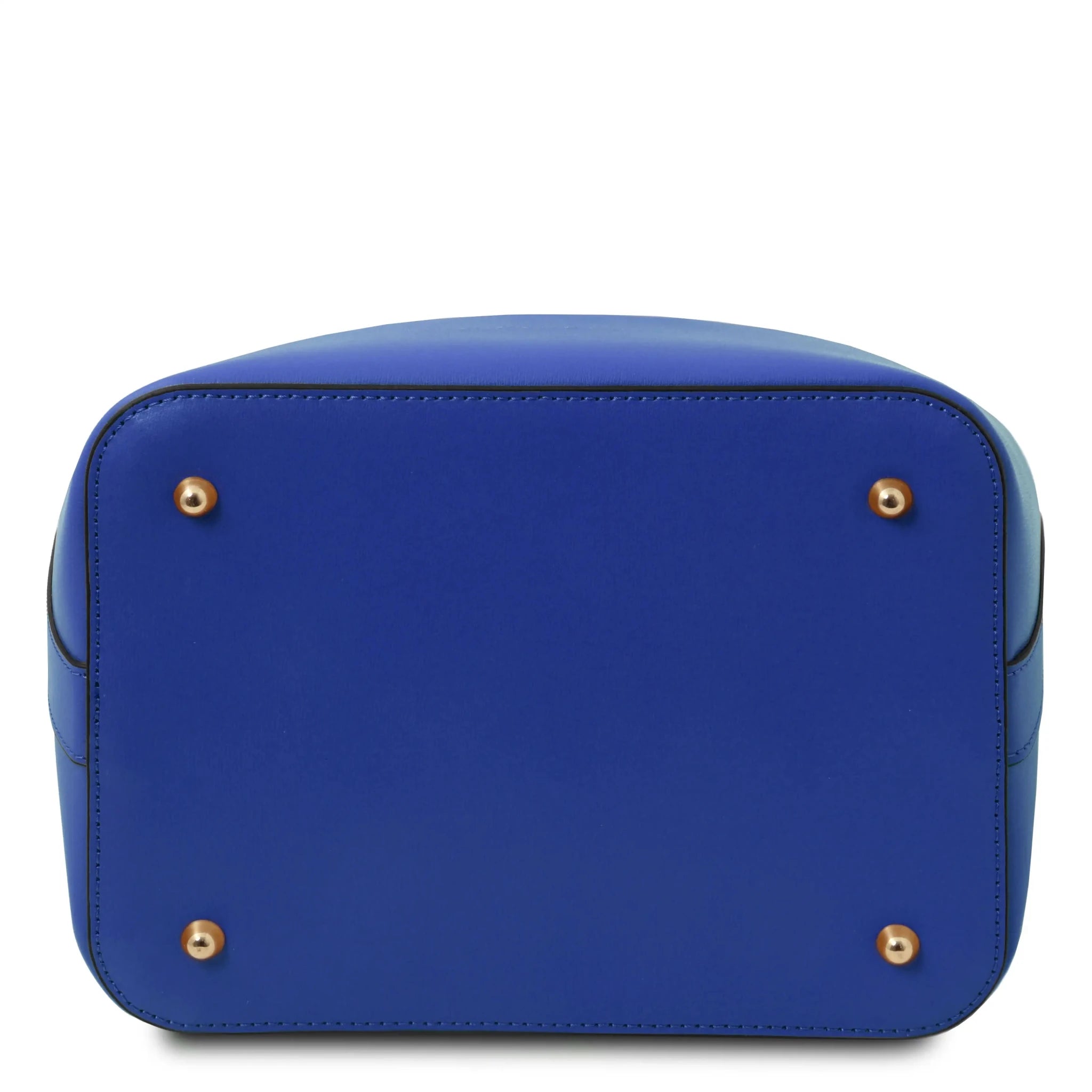Bottom protective gold metal feet view Vittoria Italian Leather Bucket Bag in blue