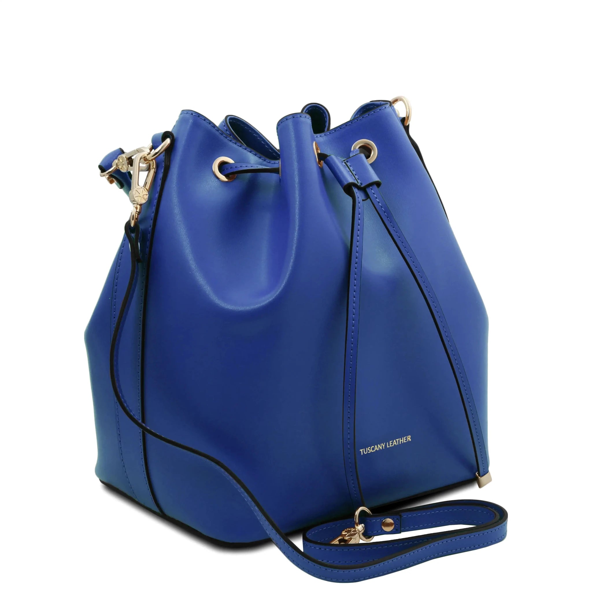Front angled view with shoulder strap Vittoria Italian Leather Bucket Bag in blue