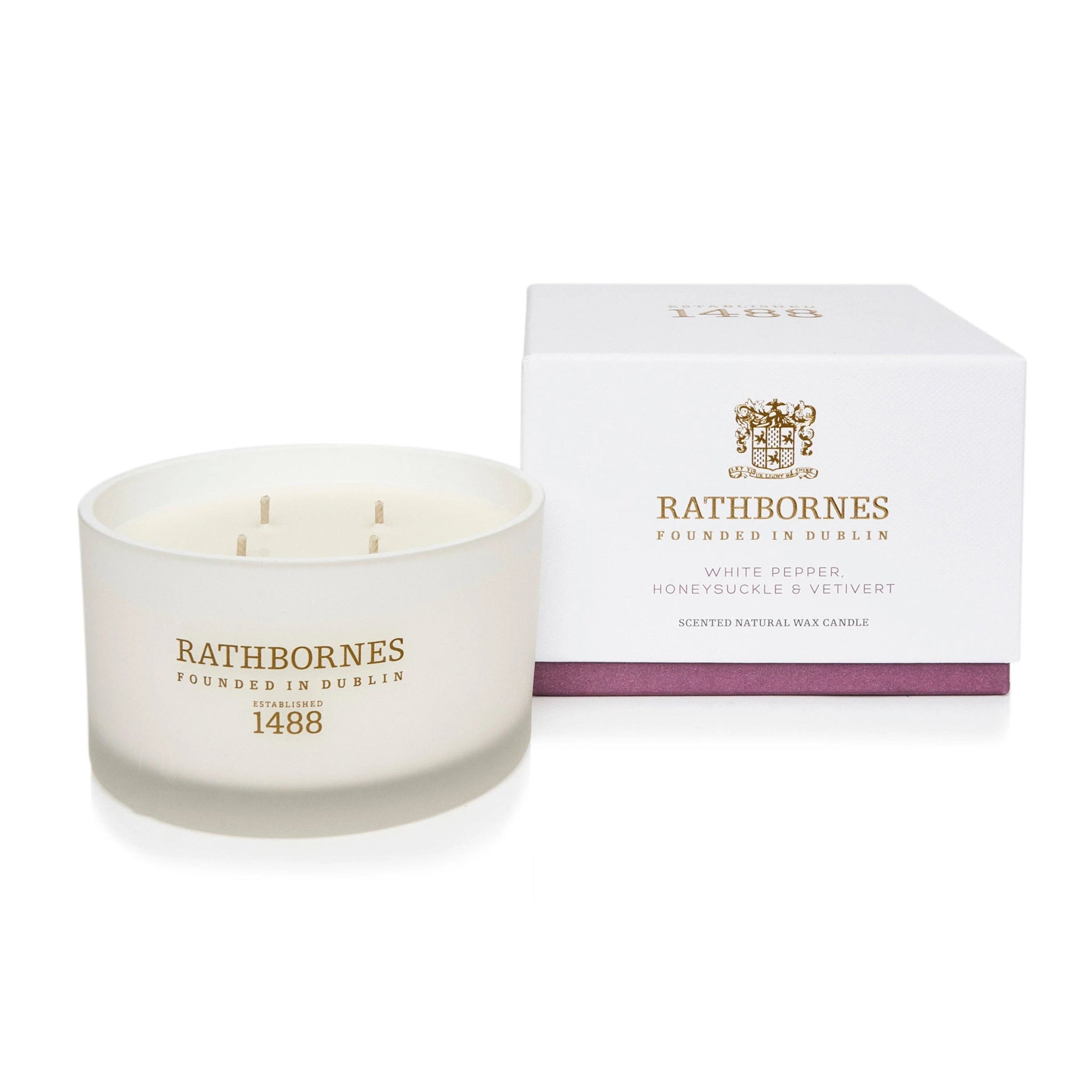 White Pepper Honeysuckle Vertiver Candle and shipping box featuring Rathbornes royal seal