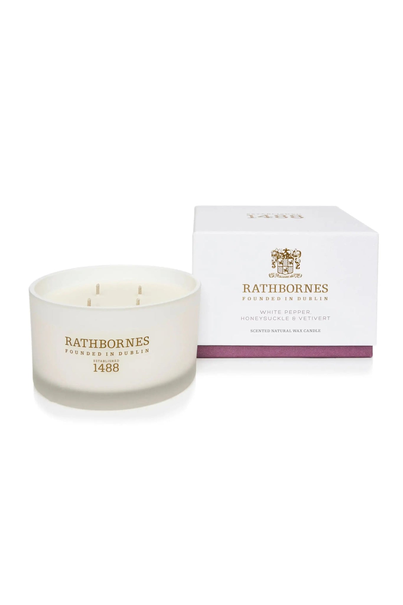 White Pepper Honeysuckle Vertiver Candle and shipping box featuring Rathbornes royal seal