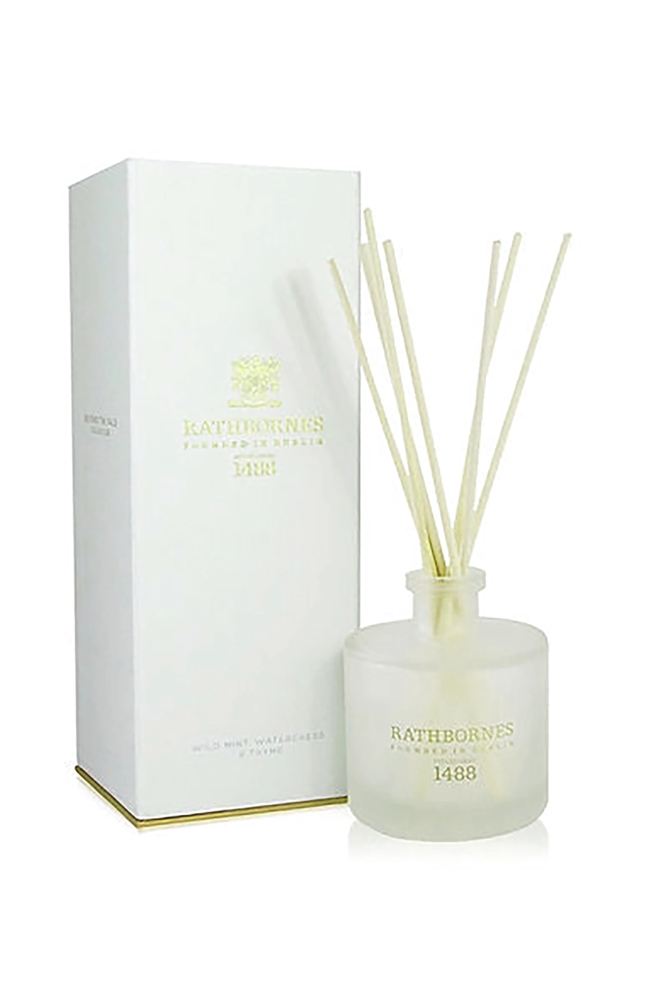 Wild Mint, Watercress & Thyme Scented Reed Diffuser and white shipping box. on white background