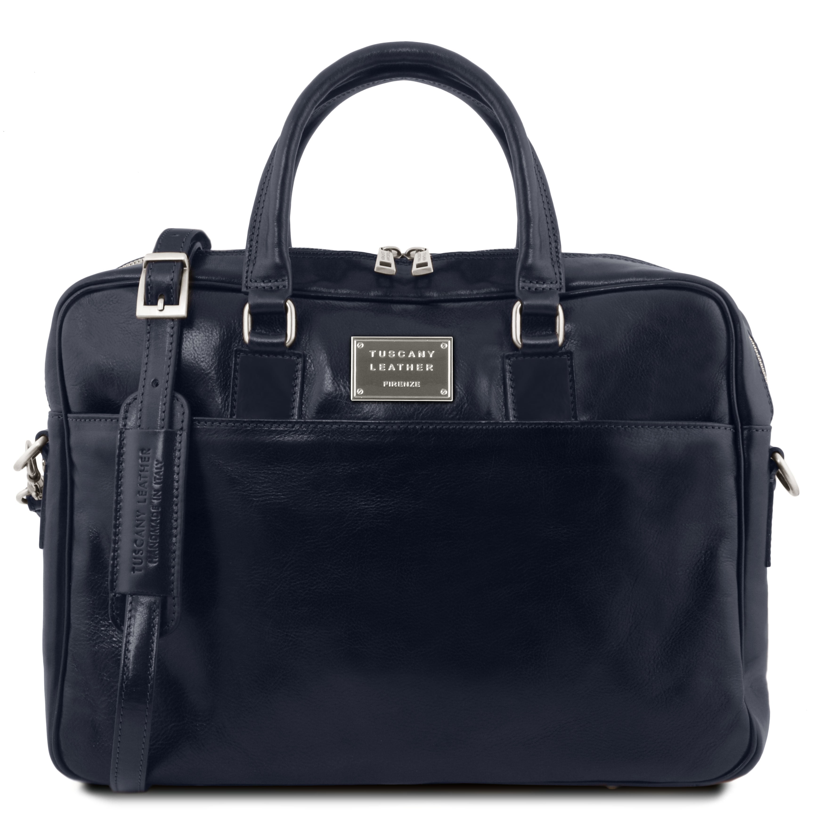 Urbino Leather Laptop Briefcase with Front Pocket in Black, front view, on a white background - L'Atelier Global