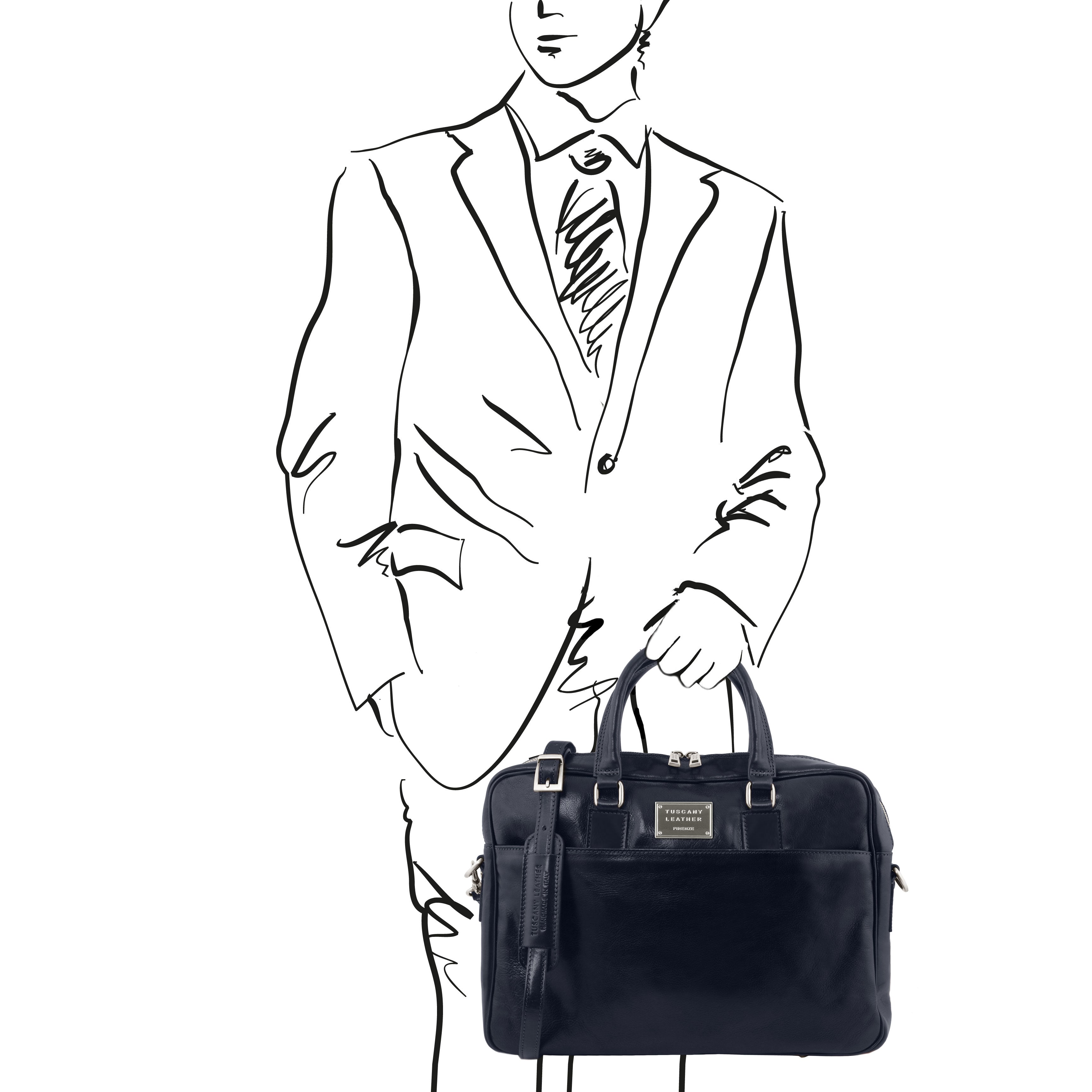 Urbino Leather Laptop Briefcase with Front Pocket, Black, sketch of man holding bag, white background - L'Atelier Global