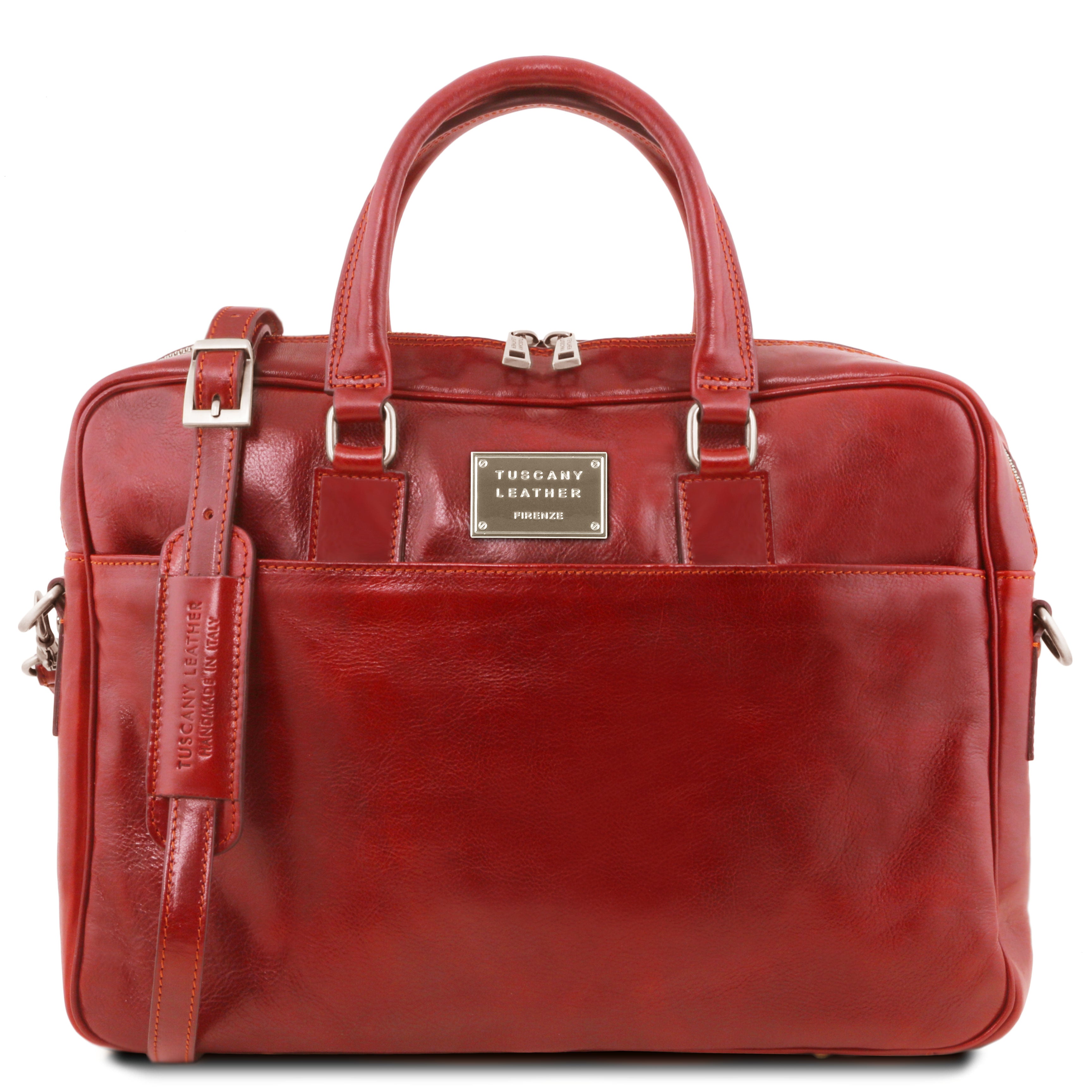 Urbino Leather Laptop Briefcase with Front Pocket in Red, front view, on a white background - L'Atelier Global