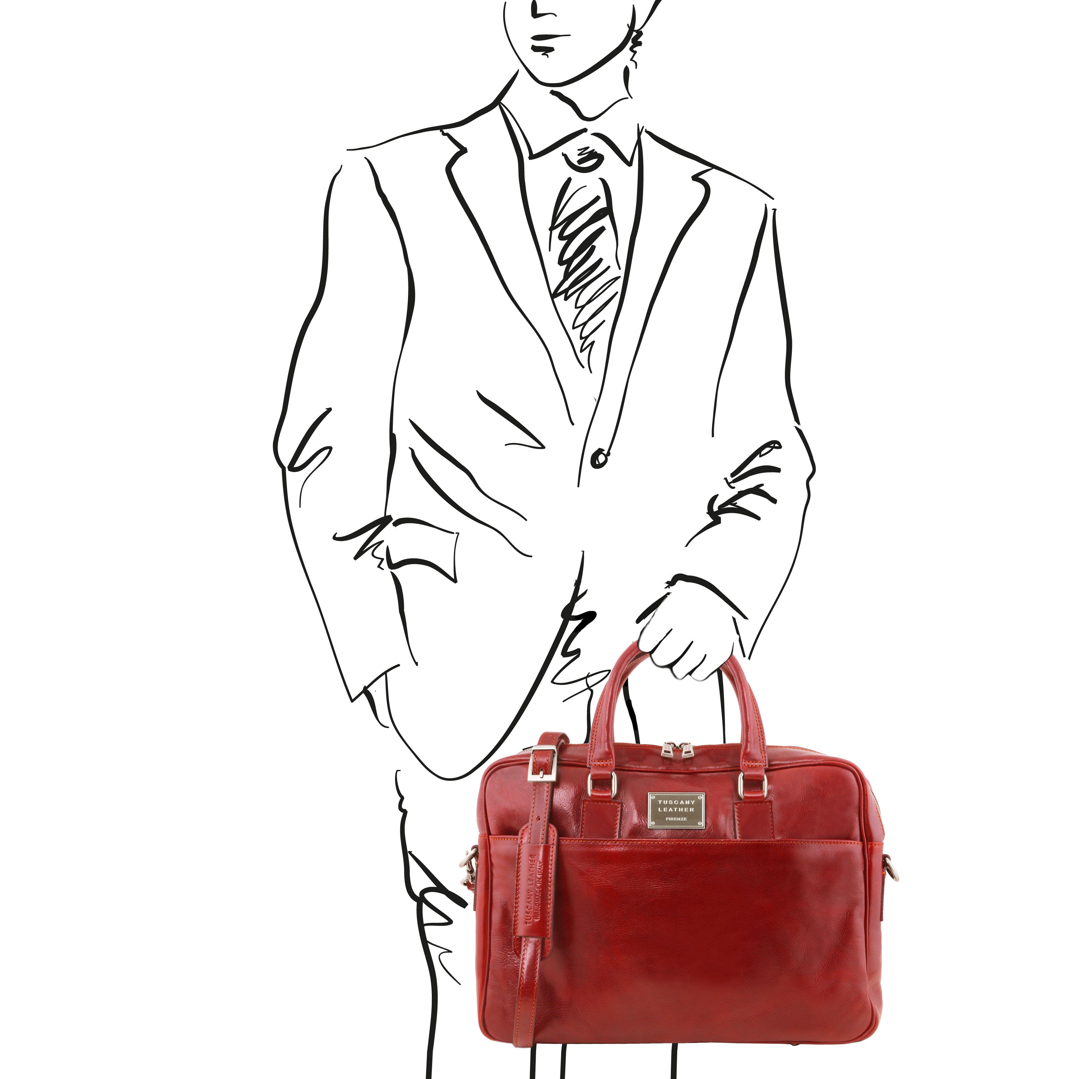 Urbino Leather Laptop Briefcase with Front Pocket, Red, sketch of man holding bag, white background - L'Atelier Global