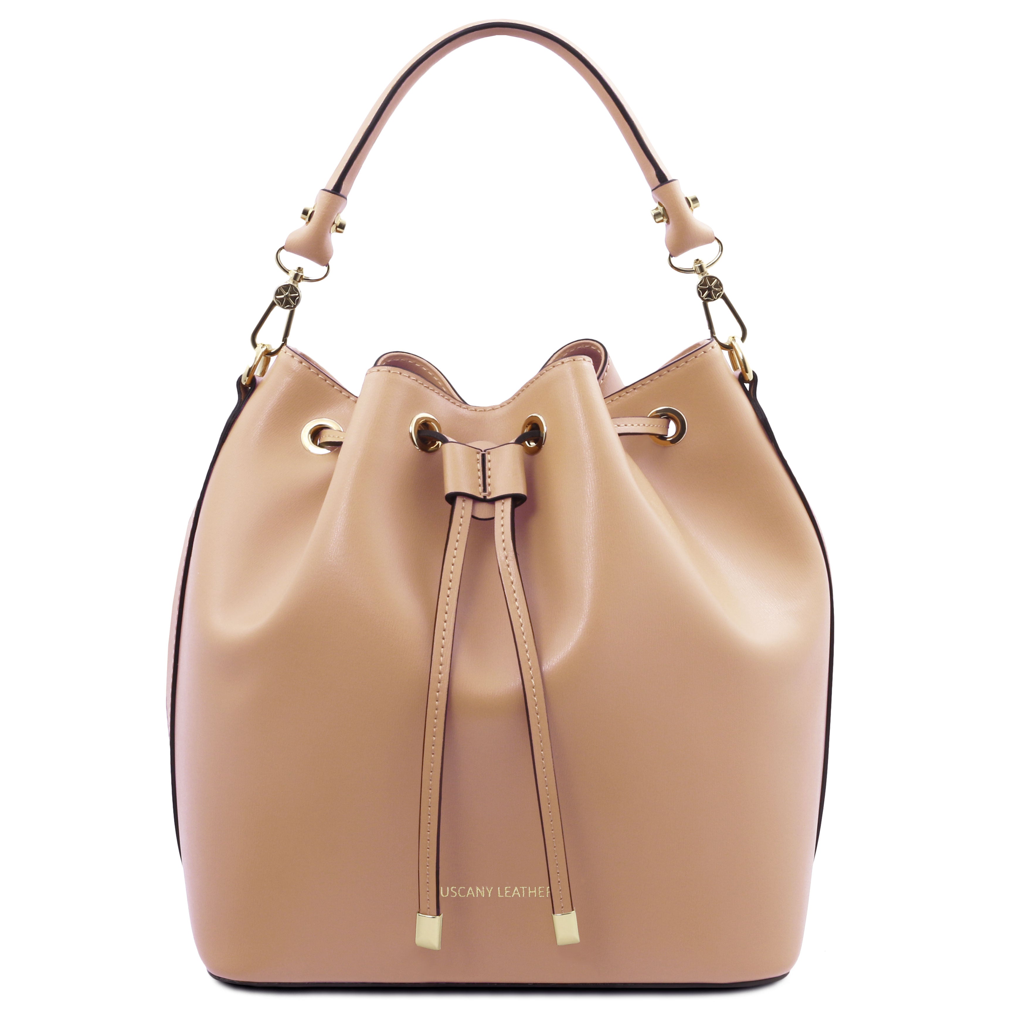 Front view of Vittoria Leather Bucket Bag in champagne on a lipstick red background - L'Atelier Global