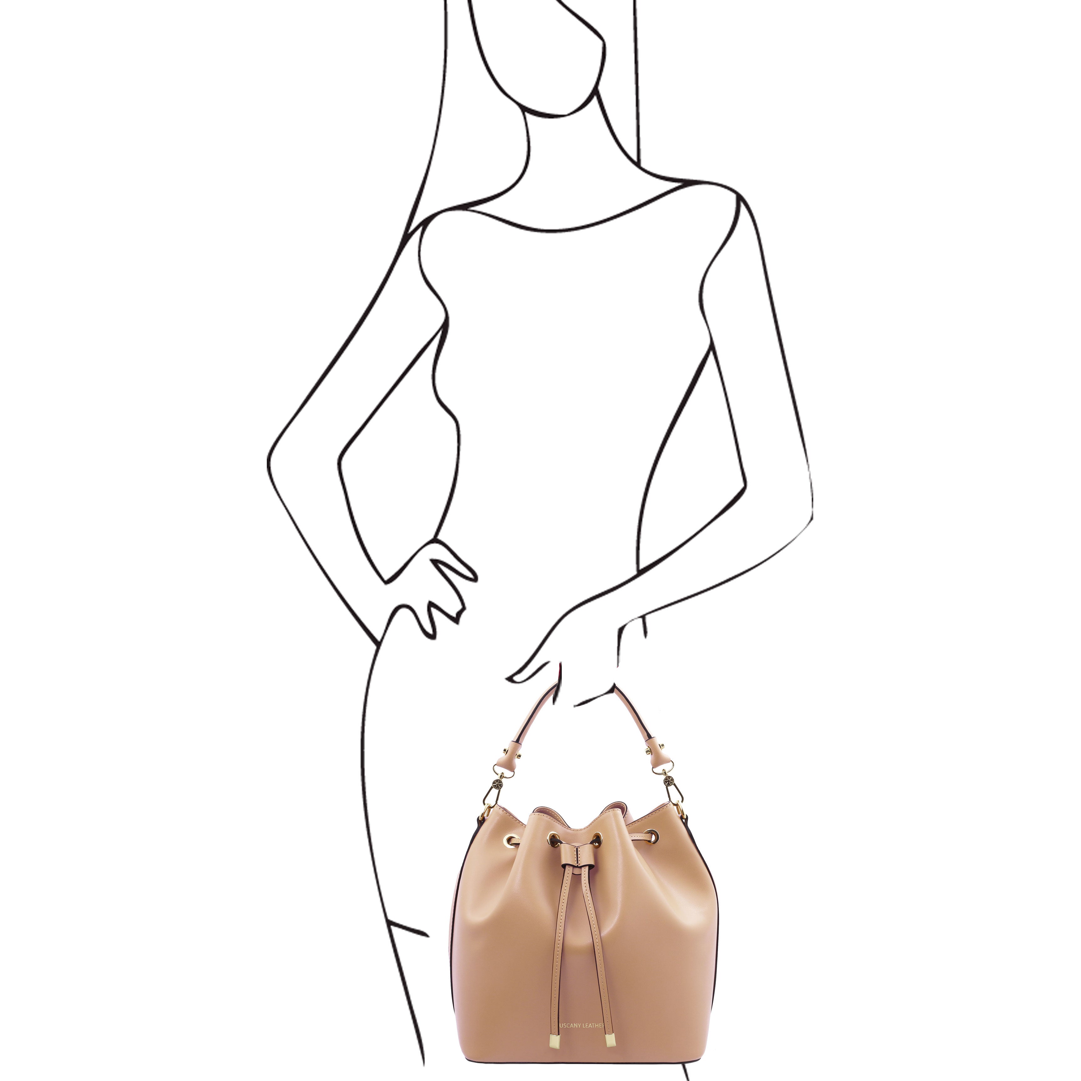 Sketch of a woman holding the Vittoria Leather Bucket Bag in champagne on a white background - L'Atelier Global