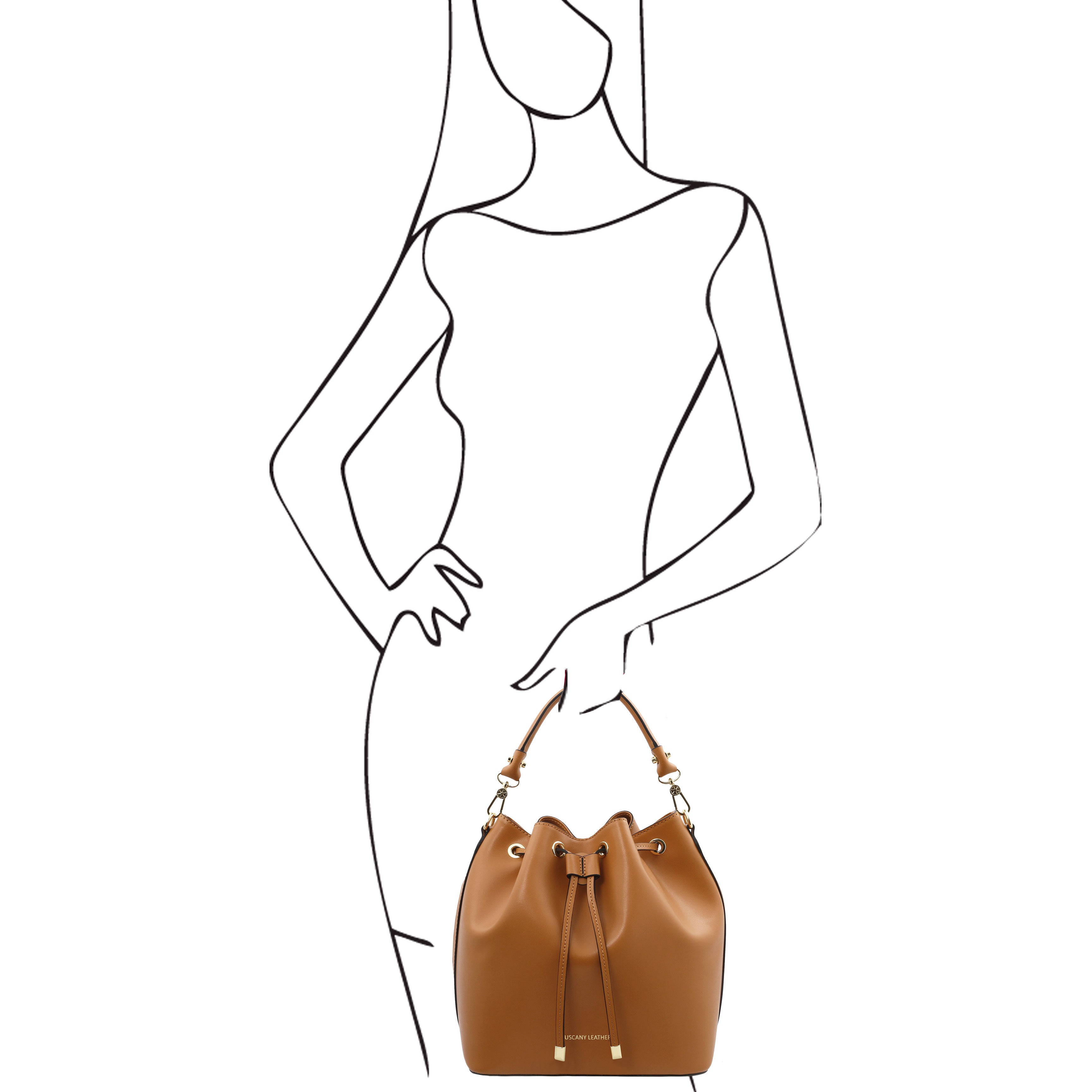 Sketch of a woman holding the Vittoria Leather Bucket Bag in red on a white background - L'Atelier Global