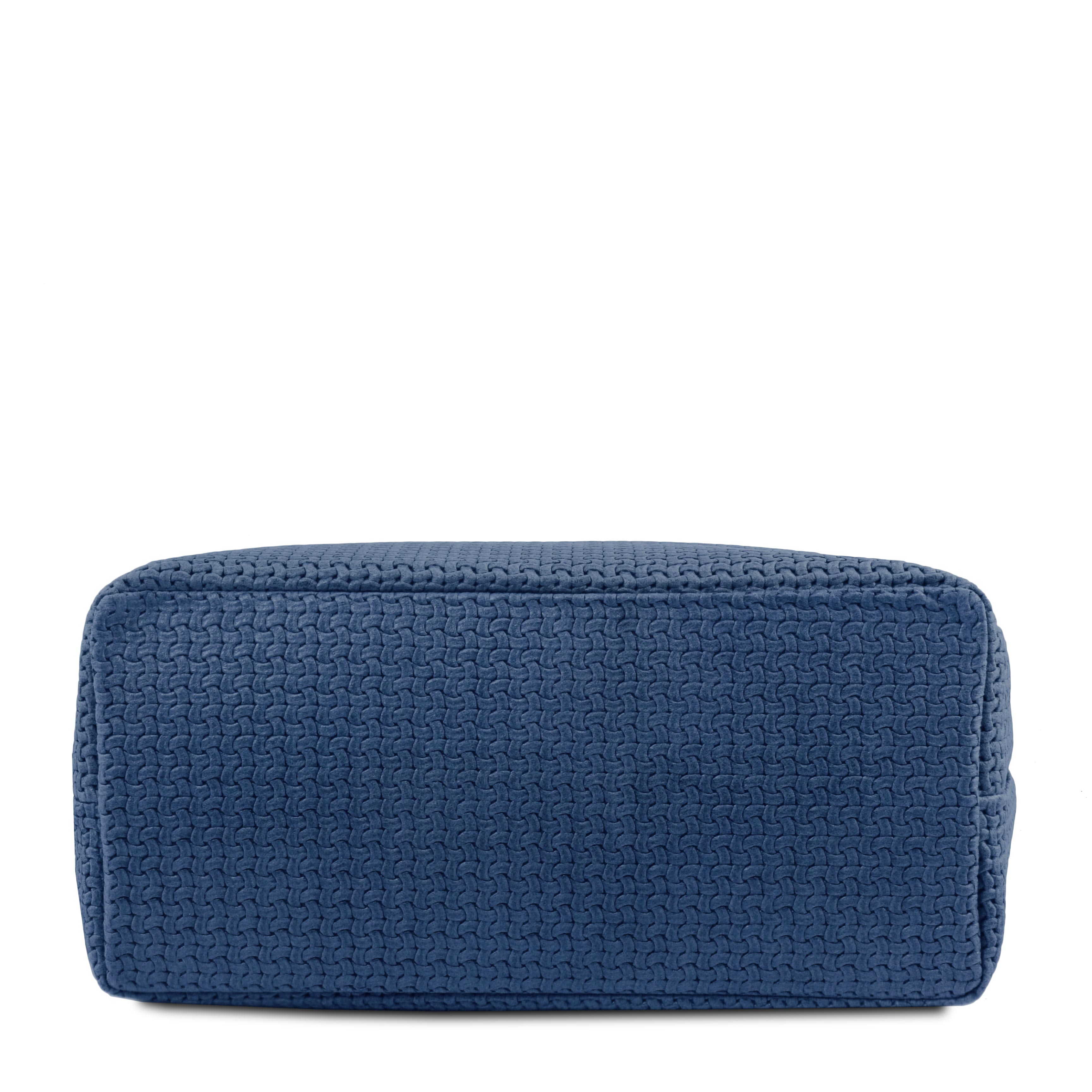 Bottom view of the TL Keyluck Woven Printed Leather Shopping Bag in Dark Blue on a white background- L'Atelier Global