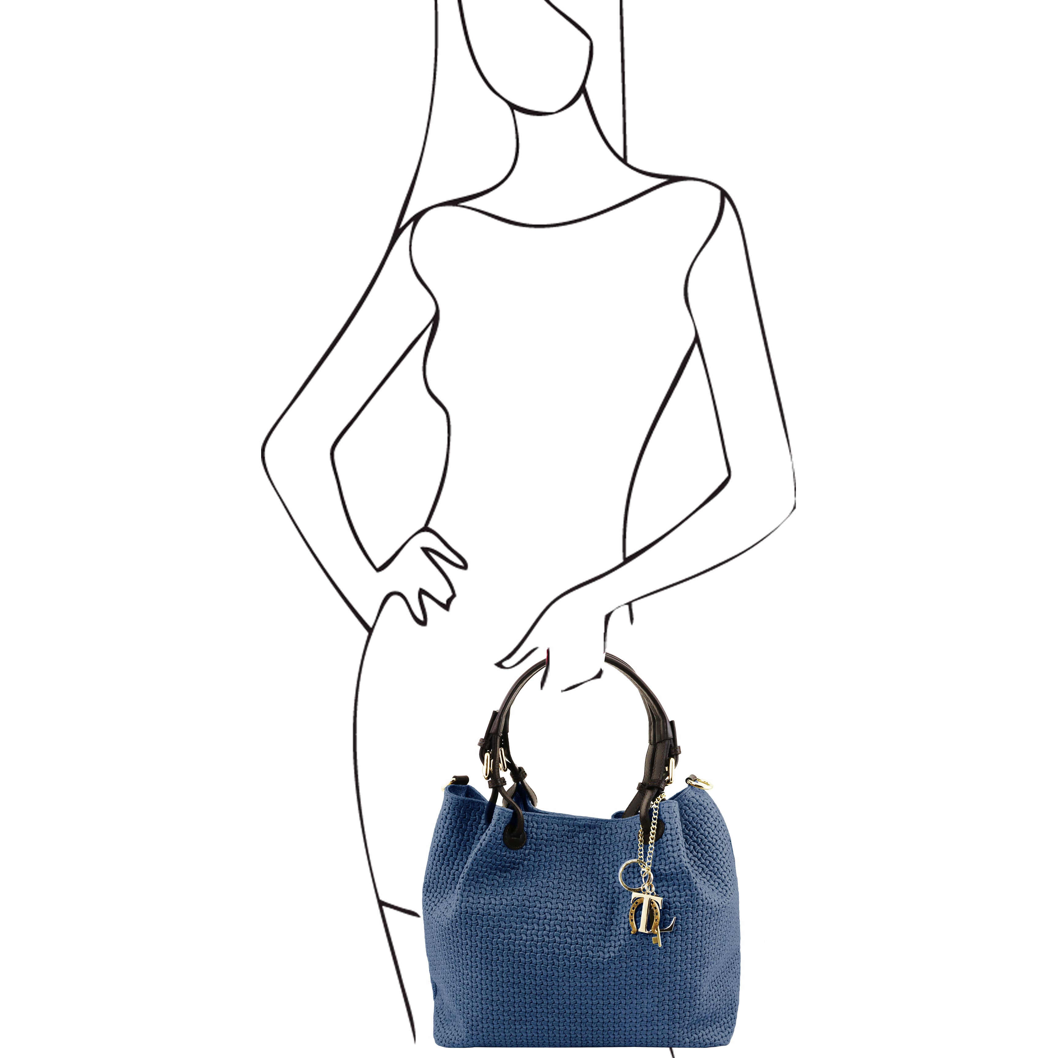 A sketch of a woman holding the TL Keyluck Woven Printed Leather Shopping Bag in Dark Blue   - L'Atelier Global