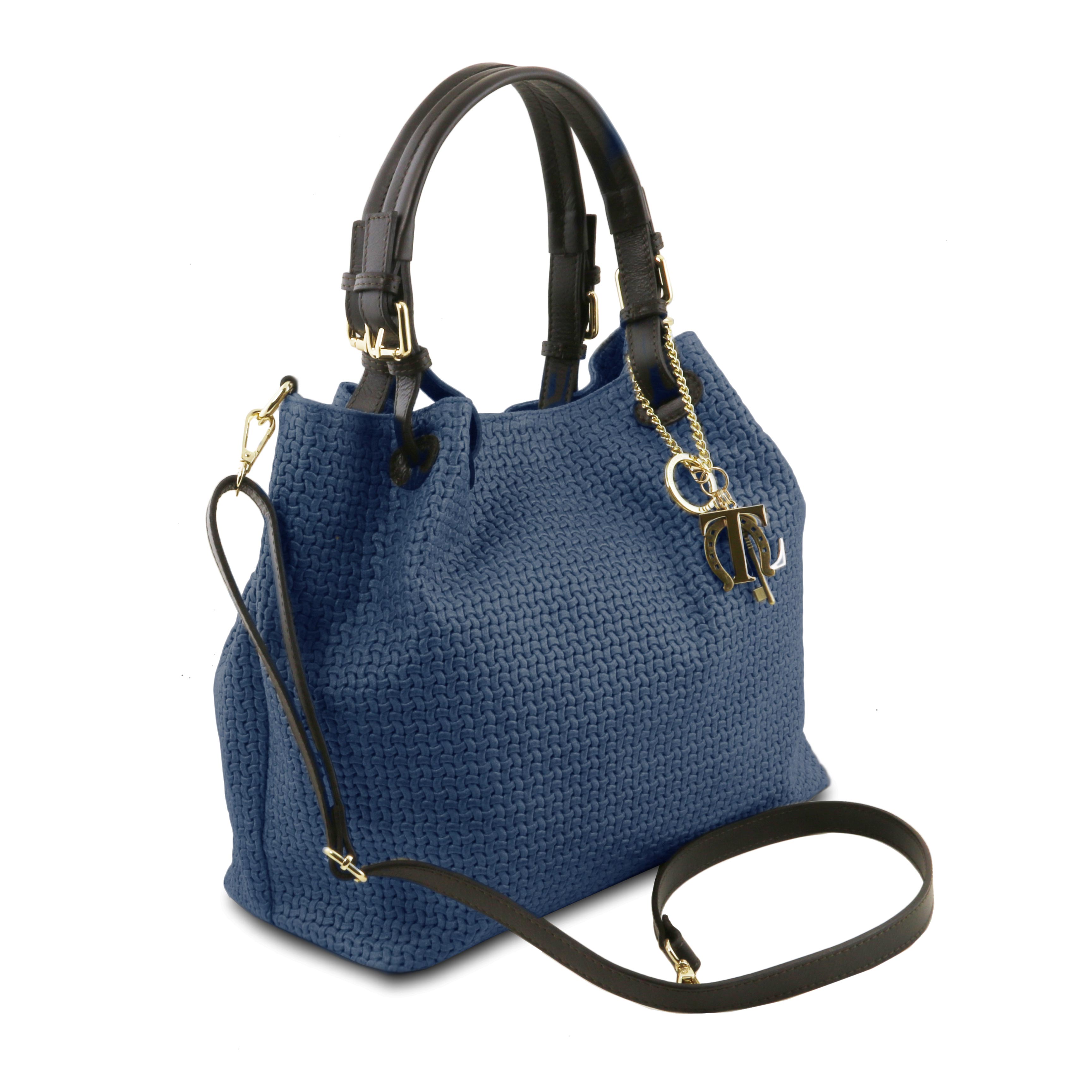 Side view of the TL Keyluck Woven Printed Leather Shopping Bag in Dark Blue on a white background- L'Atelier Global