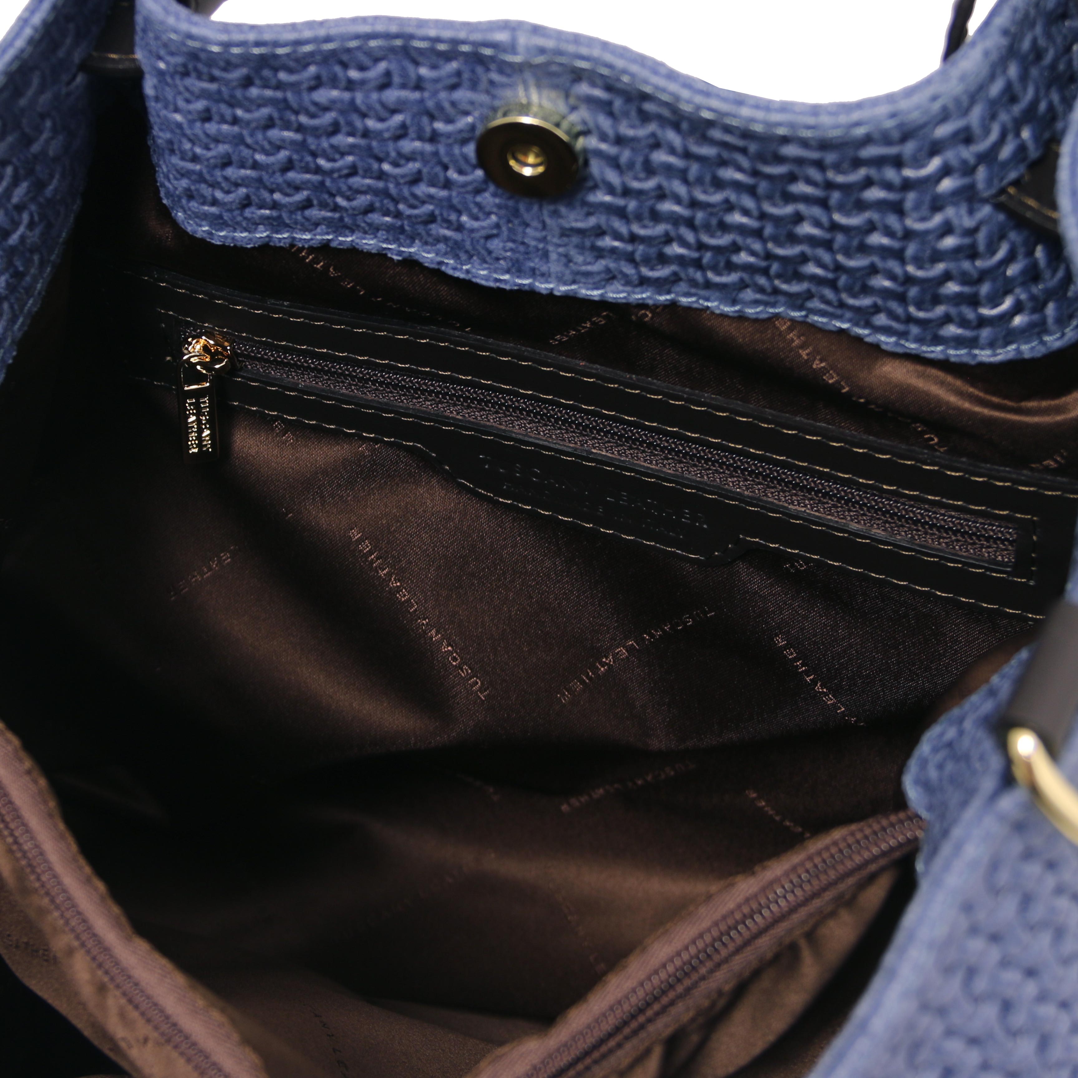 Interior pocket view of the TL Keyluck Woven Printed Leather Shopping Bag in Dark Blue on white background- L'Atelier Global