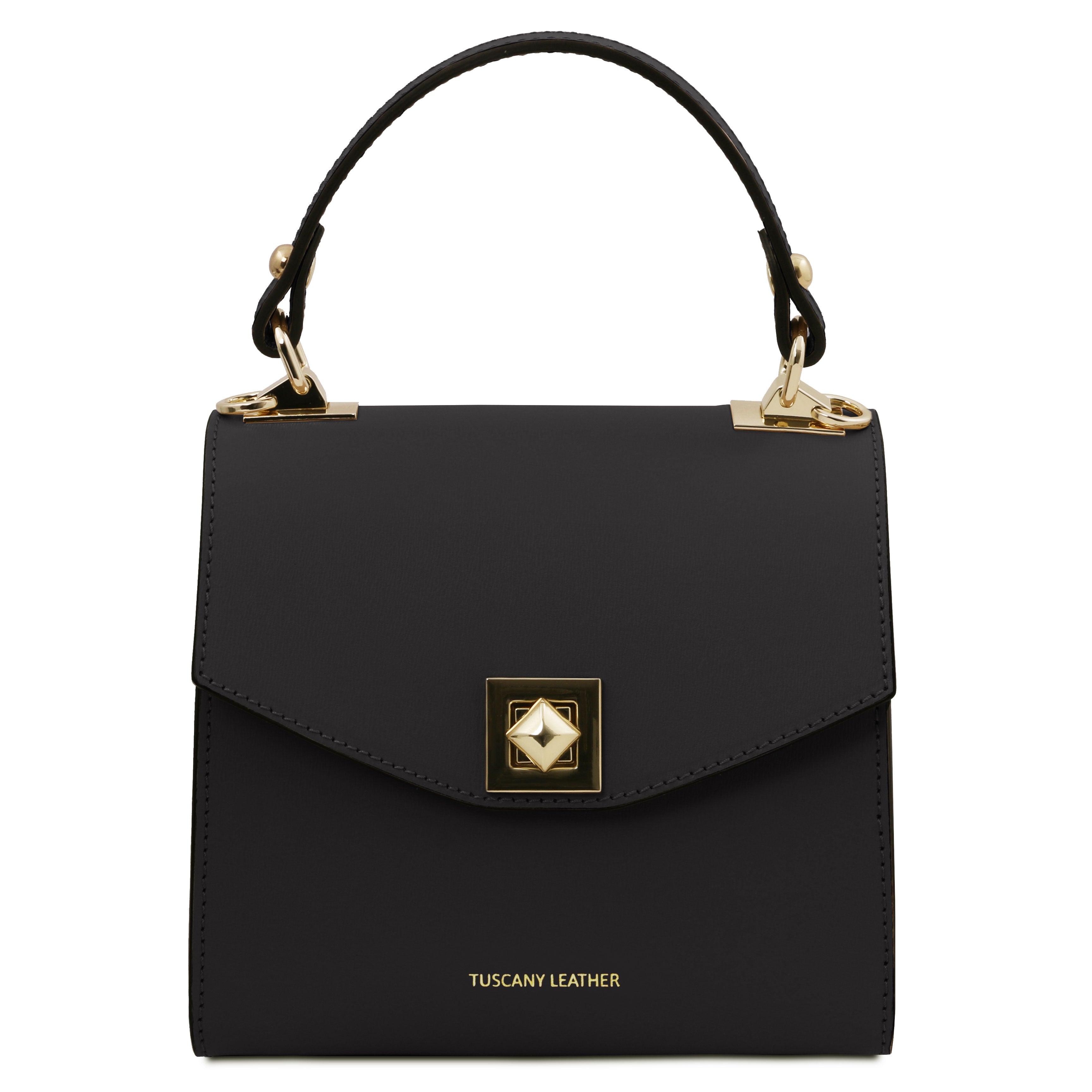 Front view TL Bag Italian Leather Mini Bag in black showing decorative gold outlined geometric black and cream magnetic closure and top handle