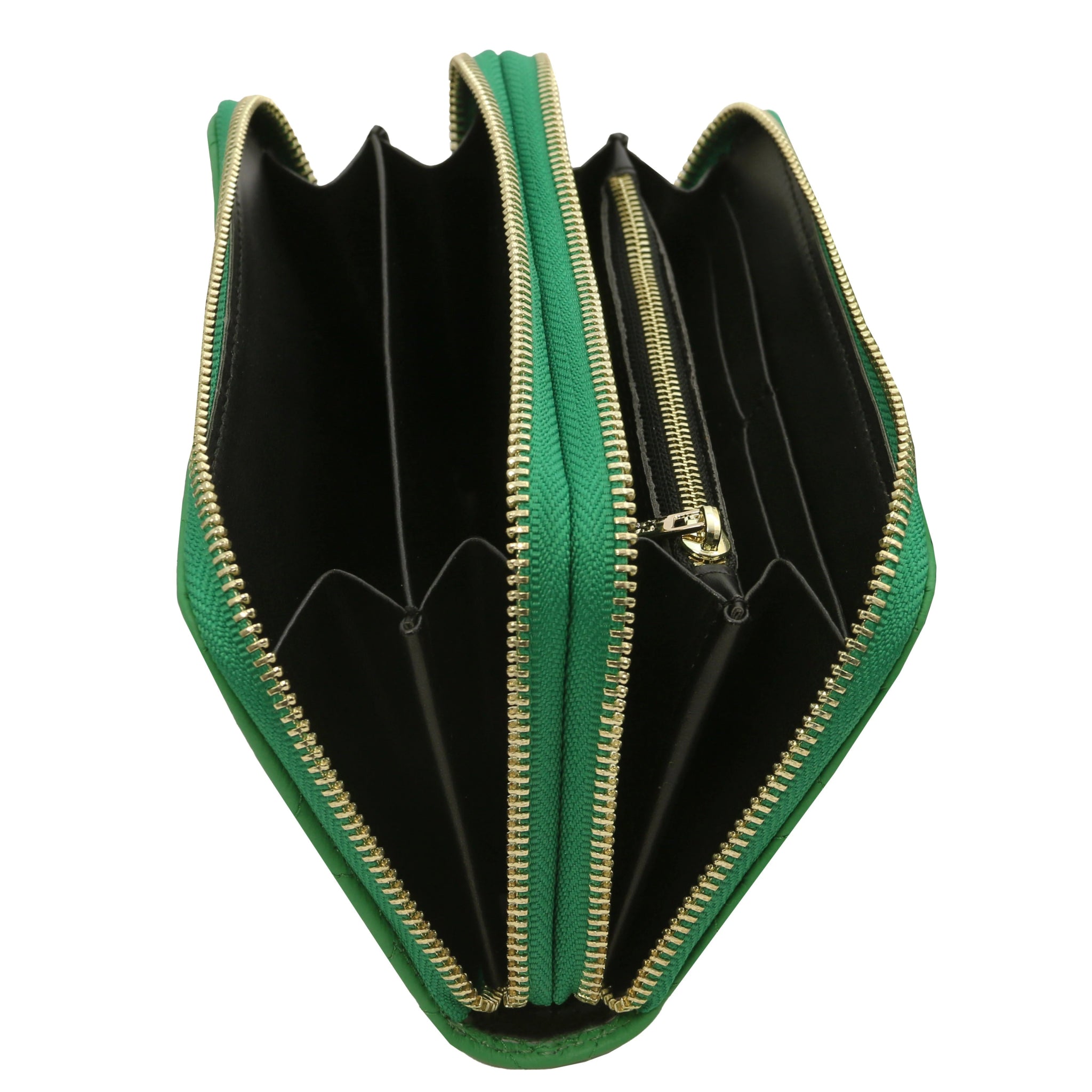 Ada Double Zip Around Soft Italian Leather Green Wallet Zipped Opened Showing Interior - L'Atelier Global