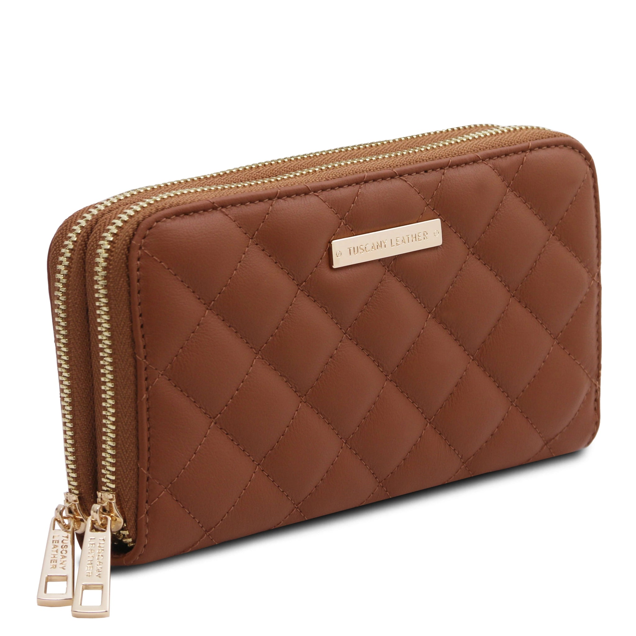 Front side view of both zippered compartments of Ada Leather Wallet in cognac on white background
