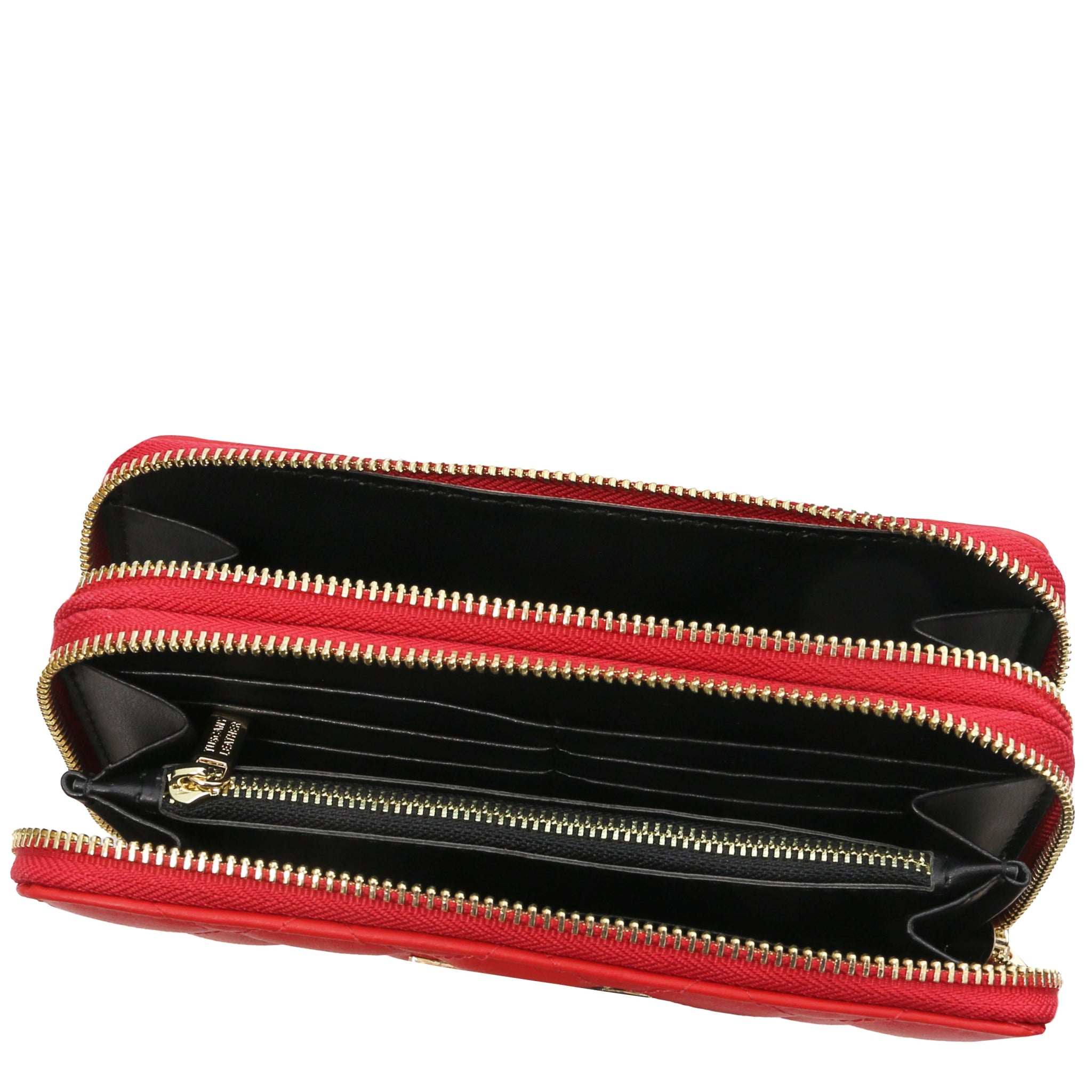 Top interior view of zippered compartments and coin pocket of Ada Double Zip Around Leather Wallet in red with dark lining