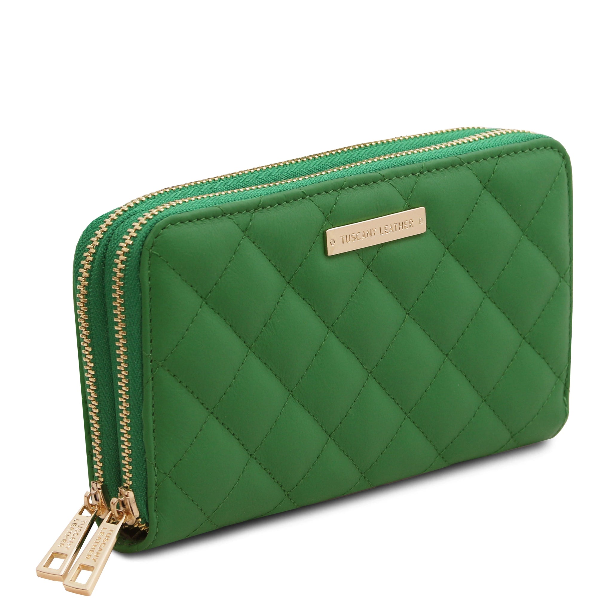 Ada Double Zip Around Soft Italian Leather Green Wallet Zipped Closed Showing Exterior- L'Atelier Global