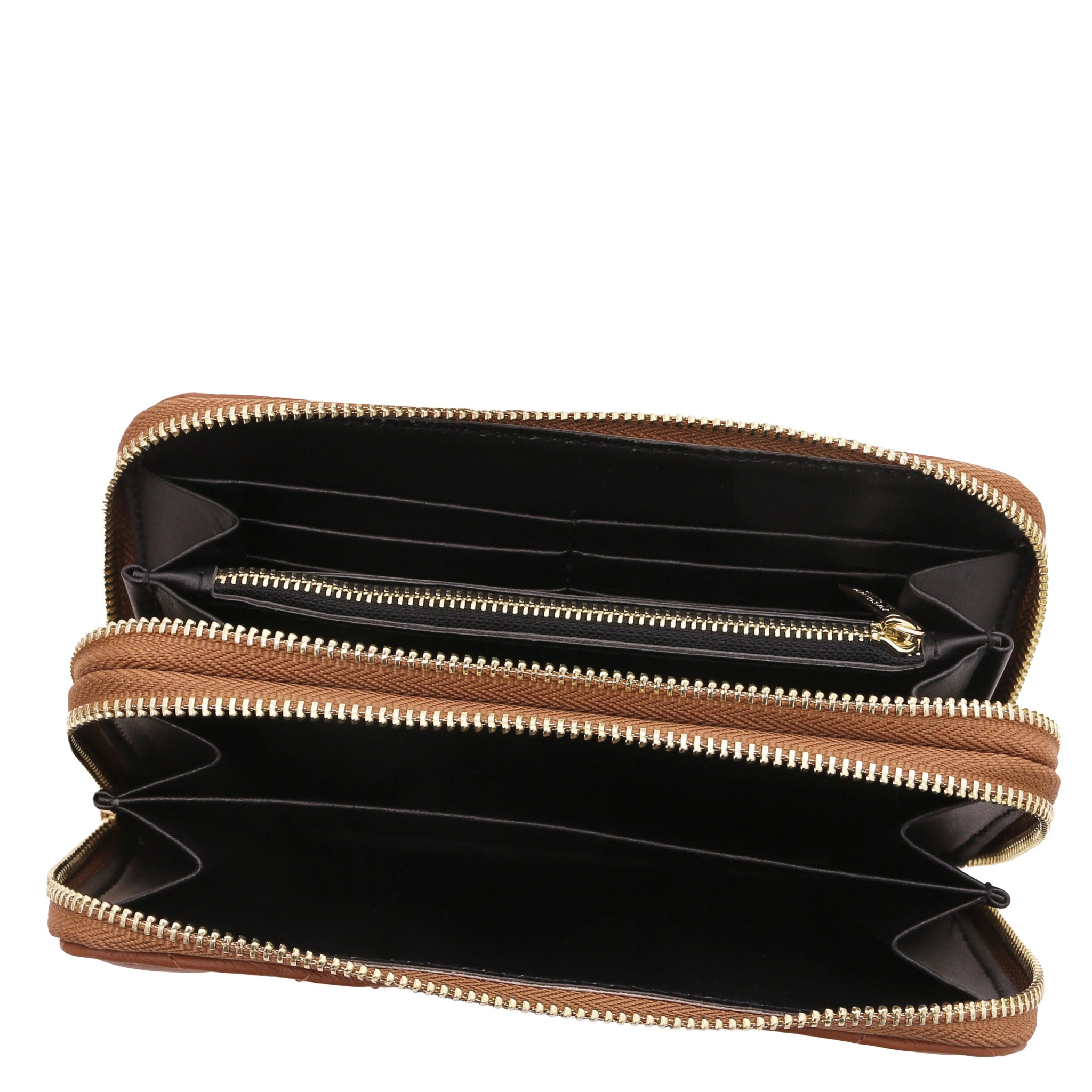 Top interior view of both zippered compartments, coin pocket Ada Italian Leather Wallet in cognac, dark brown interior lining