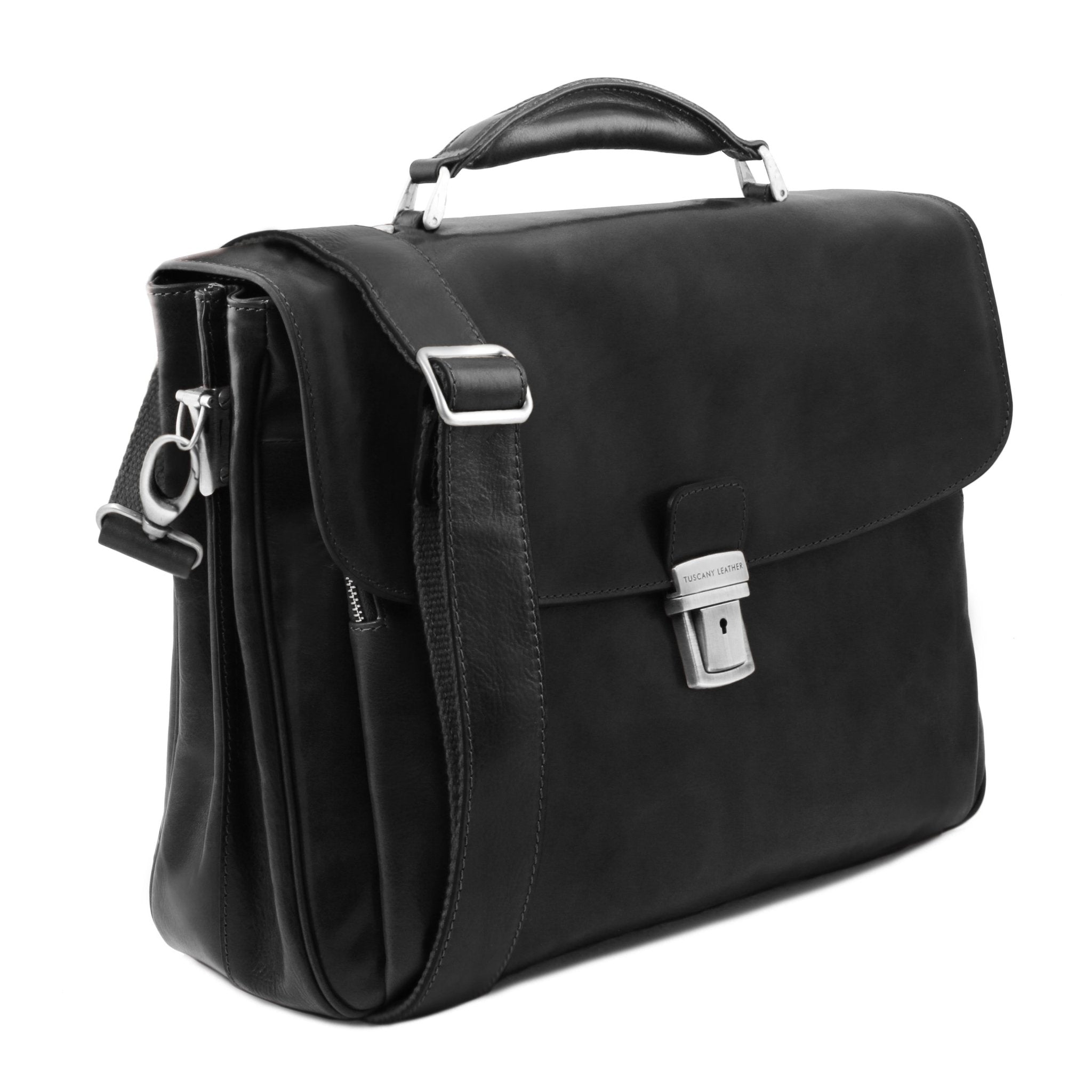 Alessandria Leather Multi Compartment TL SMART Laptop Black Briefcase with Adjustable and Removable Shoulder Strap