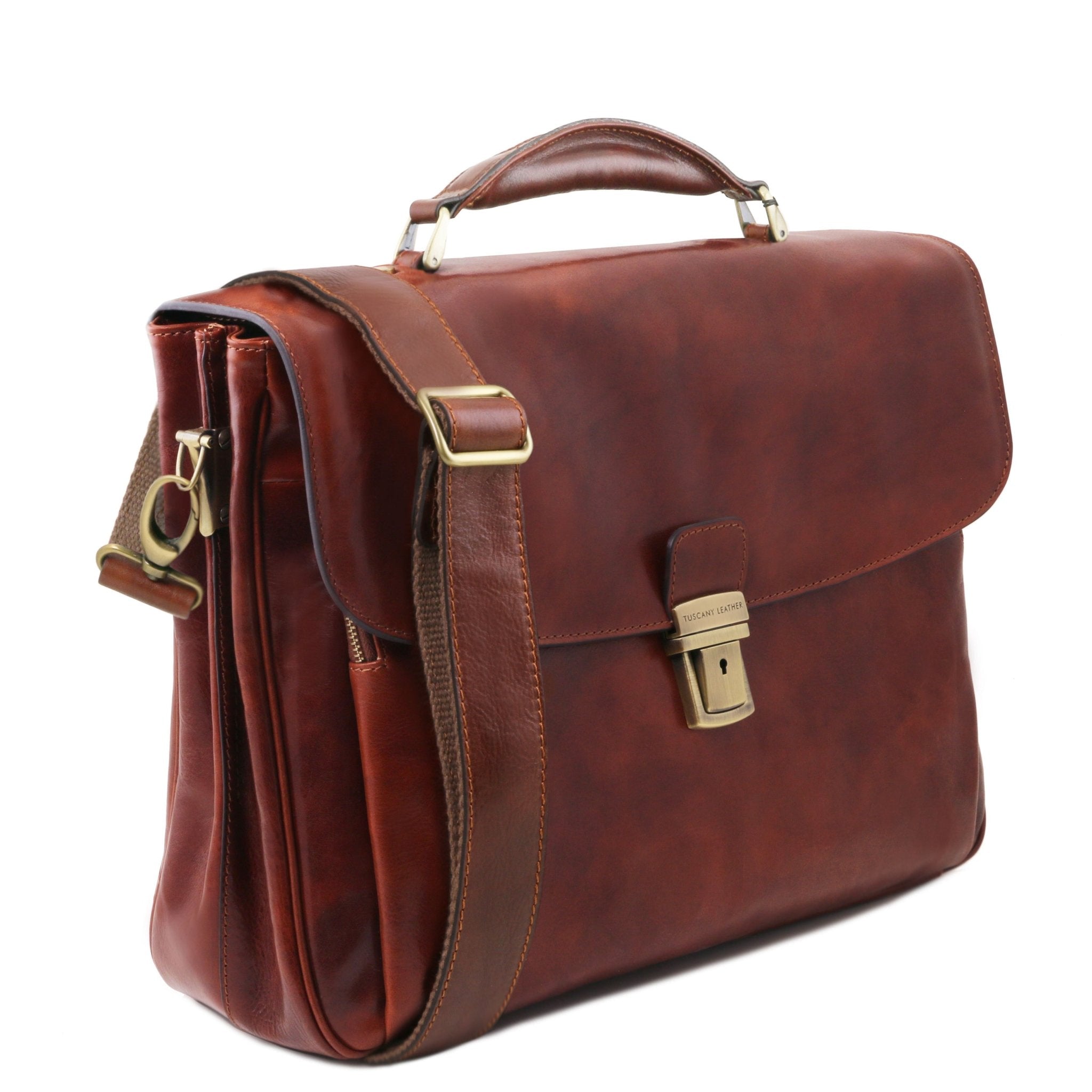 Alessandria Leather Multi Compartment TL SMART Laptop Brown Briefcase with Adjustable and Removable Shoulder Strap