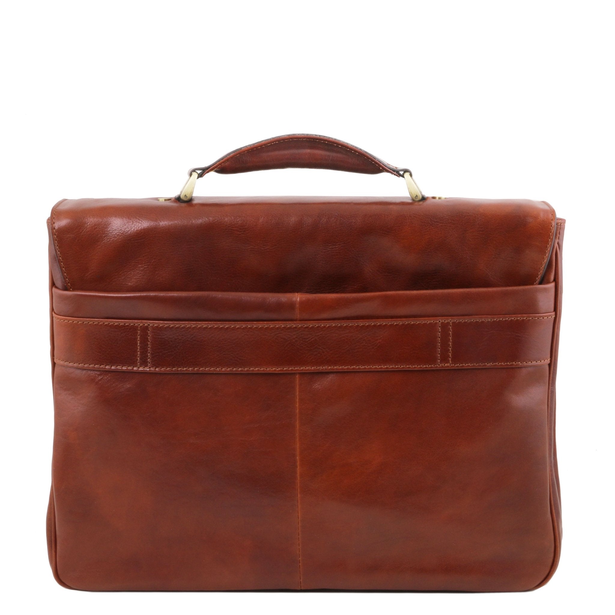 Alessandria Leather Multi Compartment TL SMART Laptop Brown Briefcase View of Back of Bag with Opened Pocket