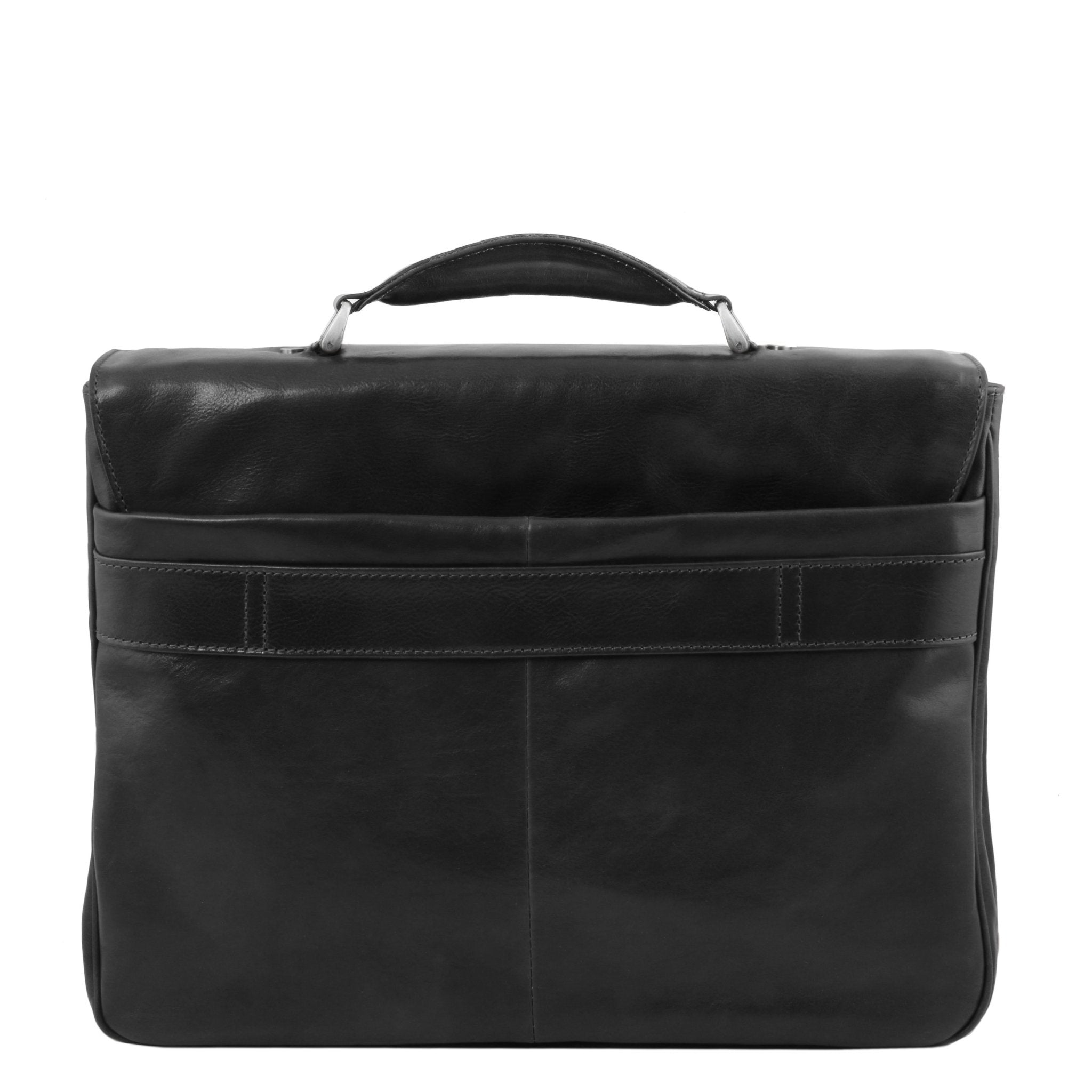 Alessandria Leather Multi Compartment TL SMART Laptop Black Briefcase View of Back of Bag with Opened Pocket