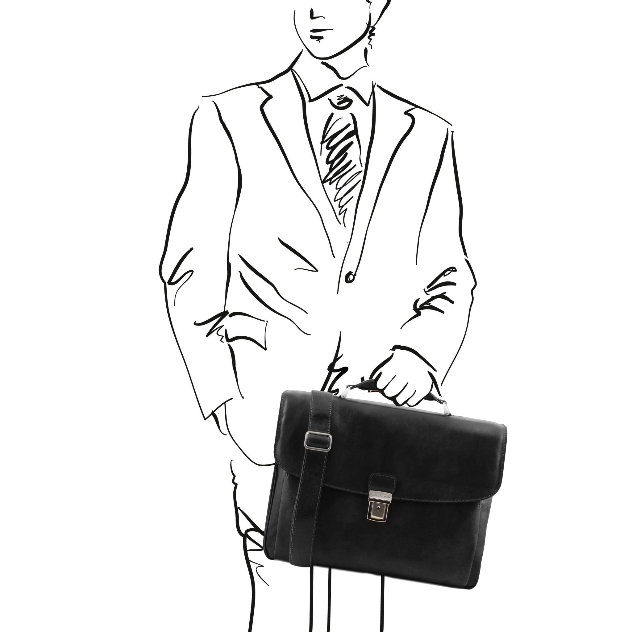 A black and white sketch of a man holding the Alessandria Leather Multi Compartment TL SMART Laptop Briefcase in Black