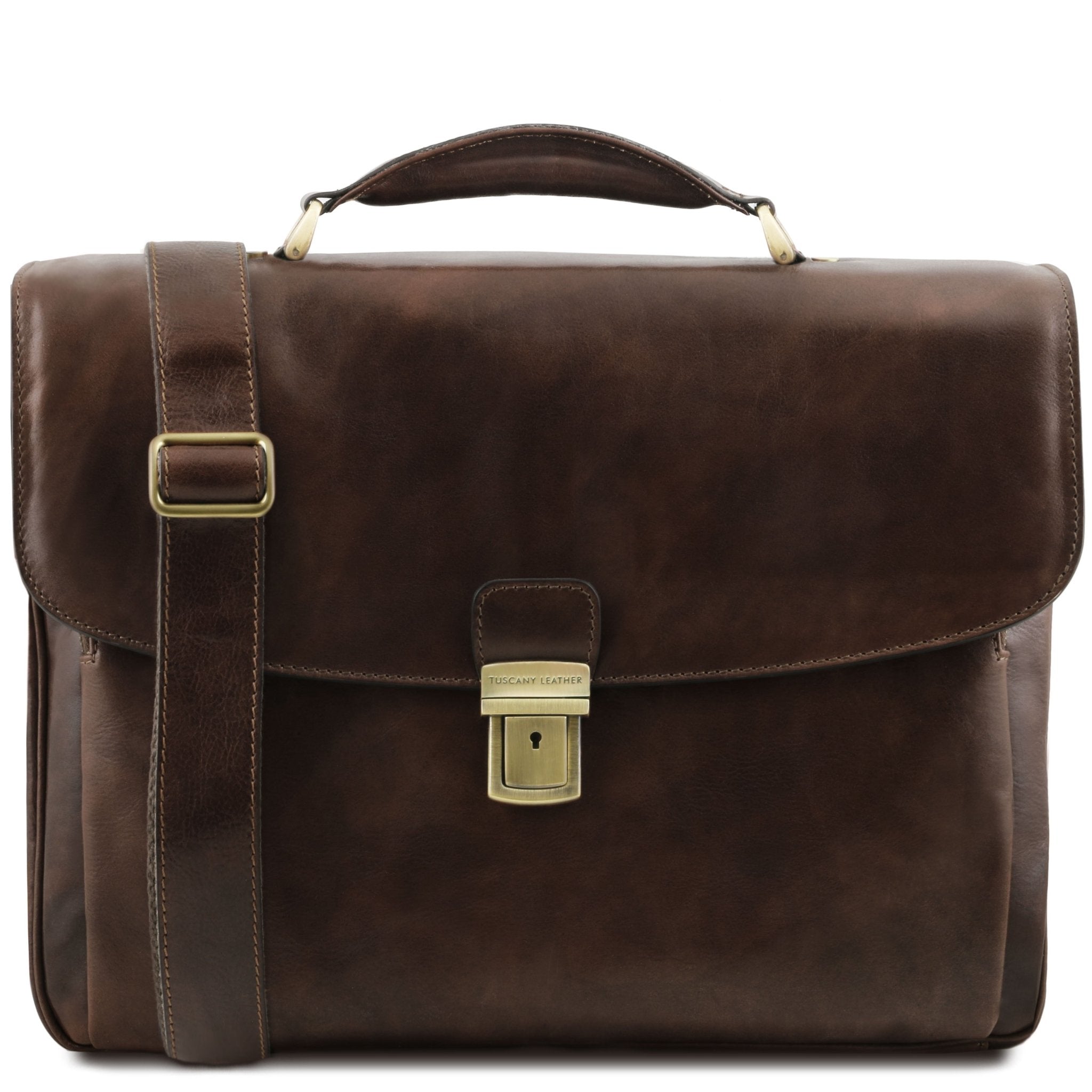 Alessandria Leather Multi Compartment TL SMART Laptop Briefcase in dark brown front of bag image