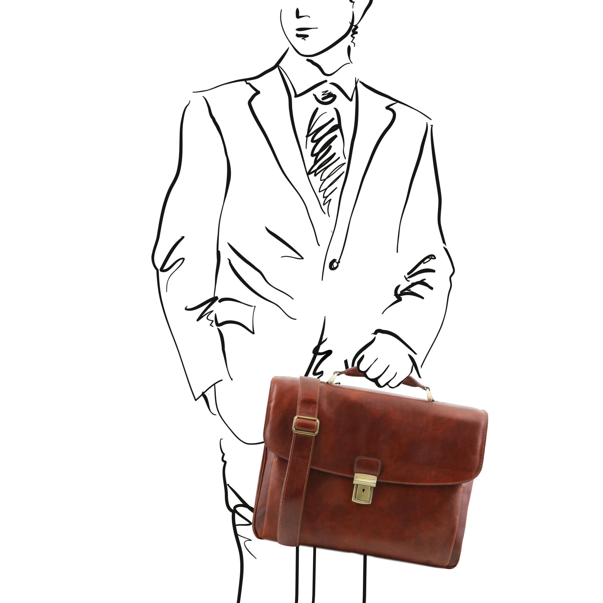 A black and white sketch of a man holding the Alessandria Leather Multi Compartment TL SMART Laptop Briefcase in Brown