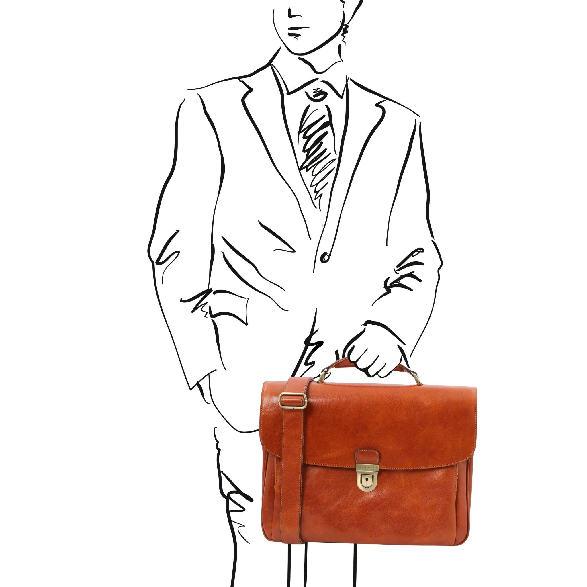 A black and white sketch of a man holding the Alessandria Leather Multi Compartment TL SMART Laptop Briefcase in Honey