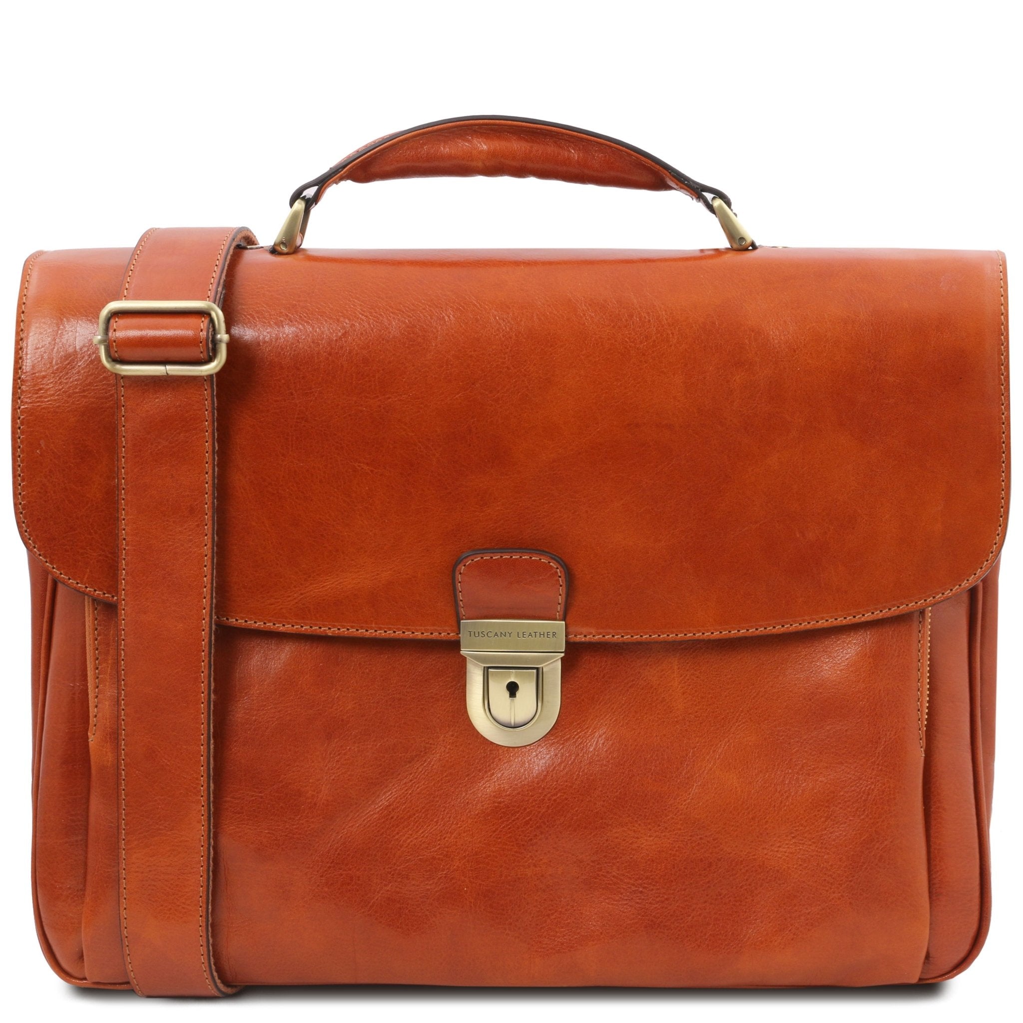 Alessandria Leather Multi Compartment TL SMART Laptop Briefcase in honey front of bag image