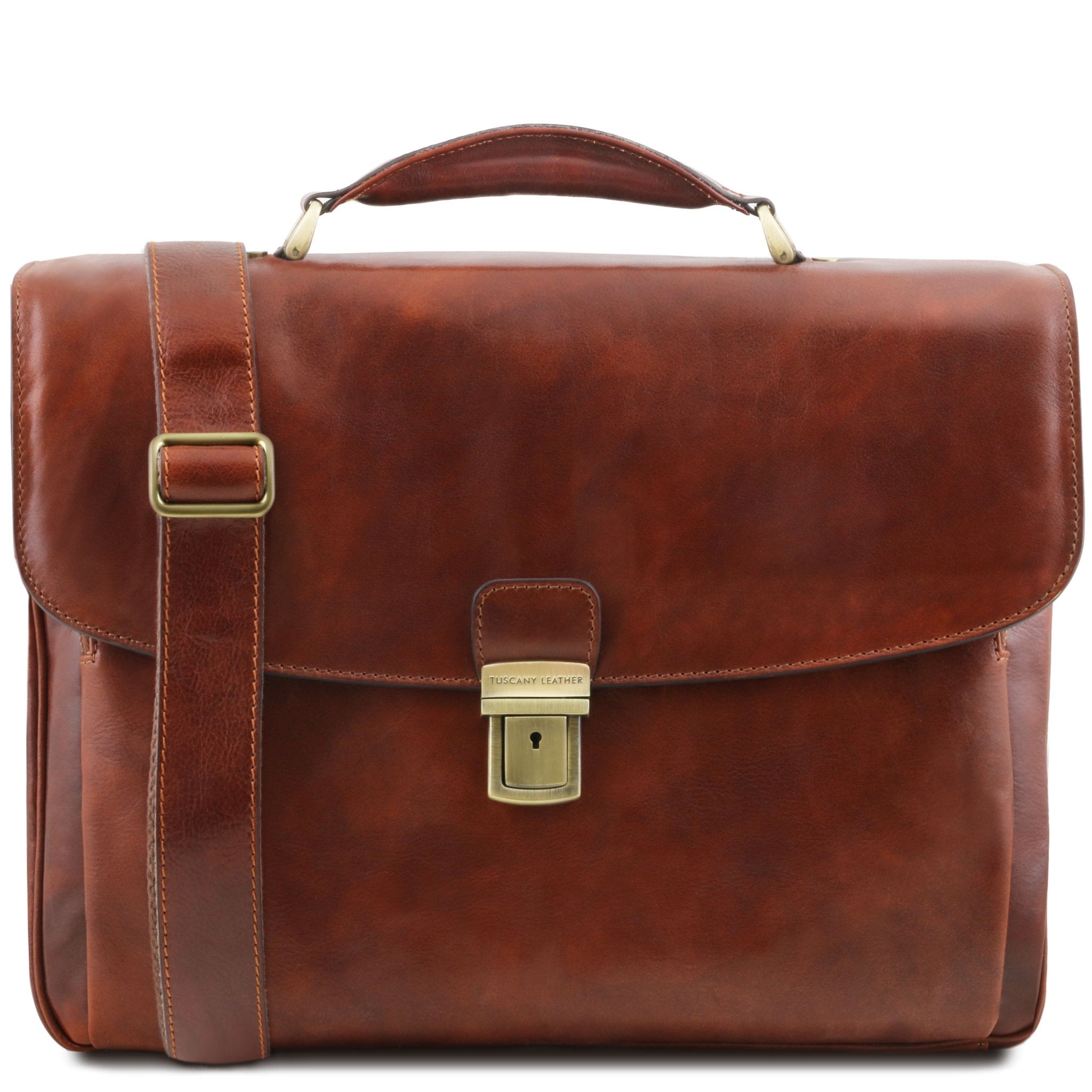 Alessandria Leather Multi Compartment TL SMART Laptop Briefcase in brown front of bag image