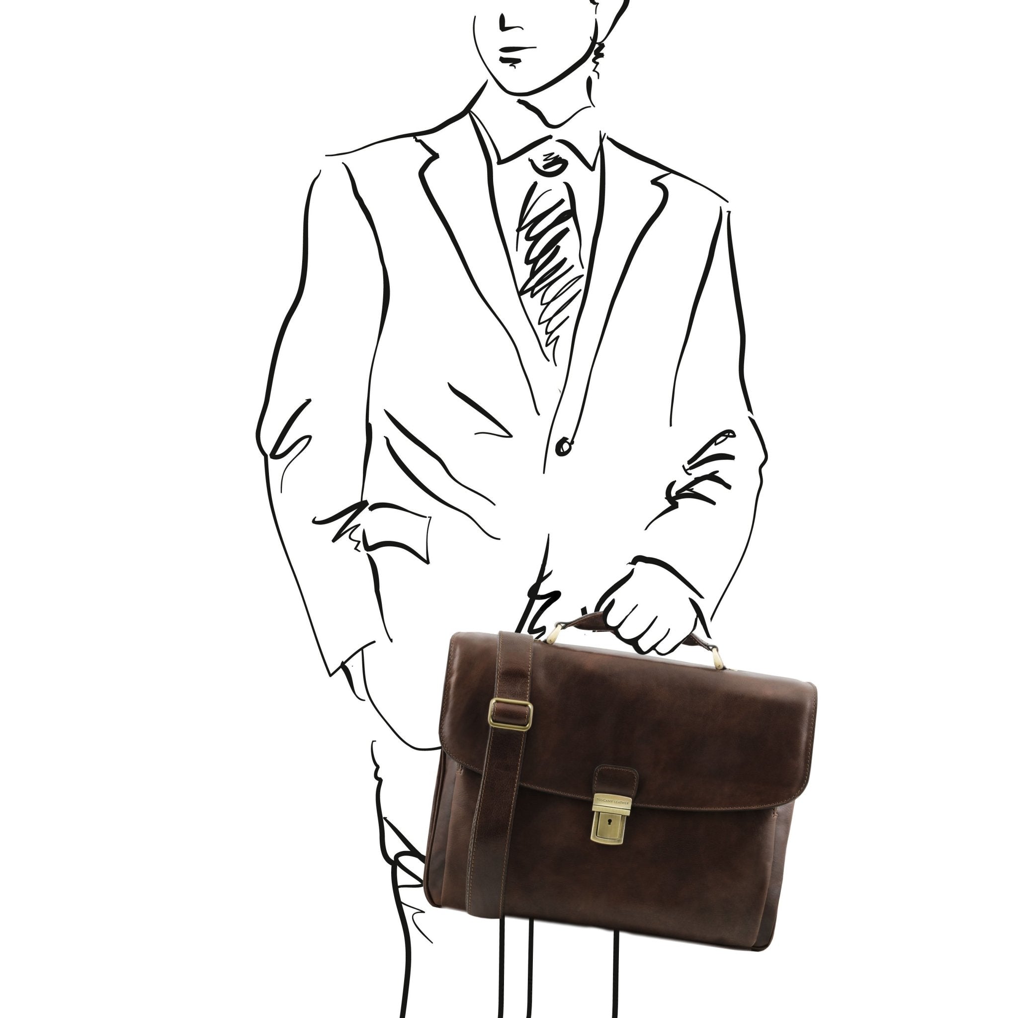 A black and white sketch of a man holding the Alessandria Leather Multi Compartment TL SMART Laptop Briefcase in Dark Brown