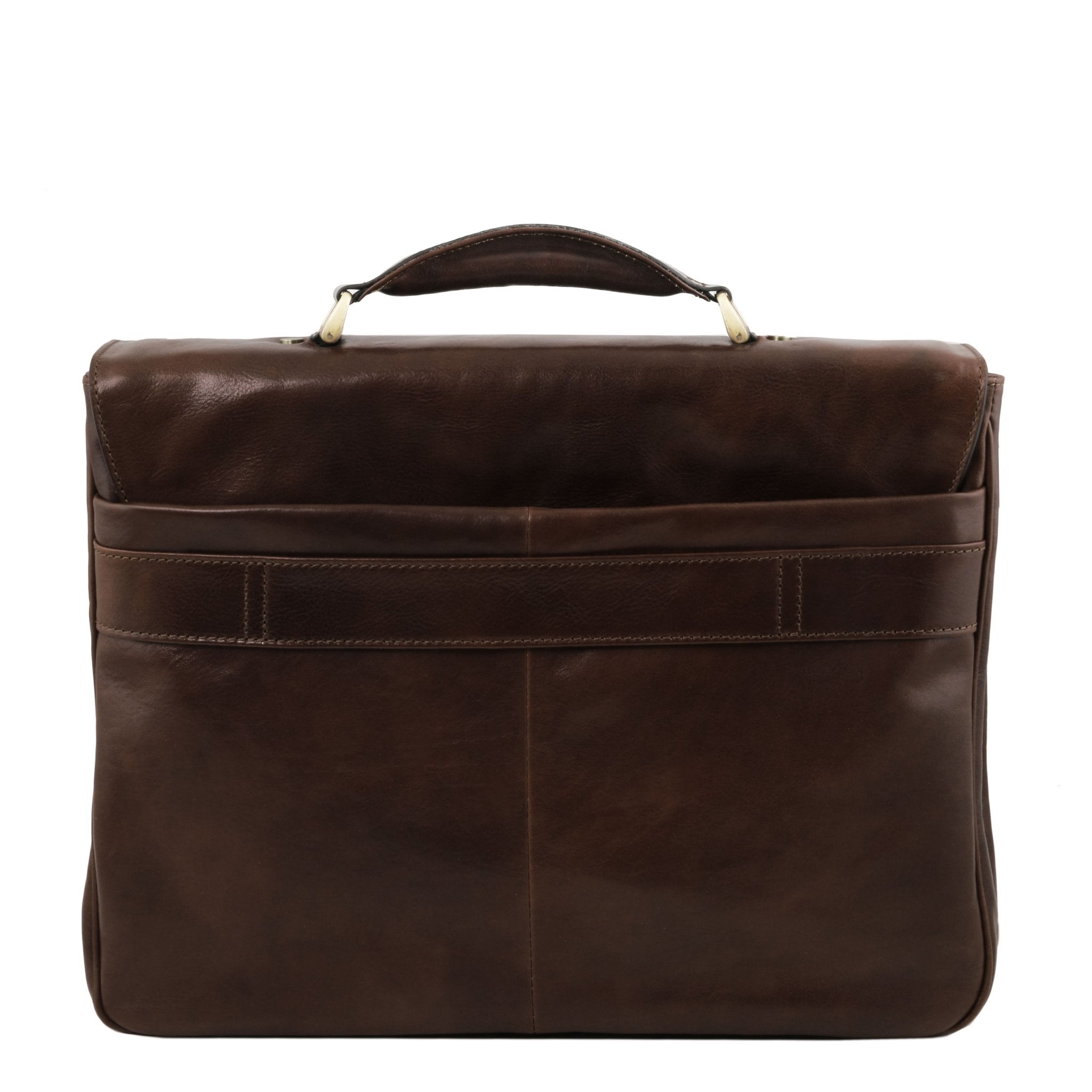 Alessandria Leather Multi Compartment TL SMART Laptop Dark Brown Briefcase View of Back of Bag with Opened Pocket