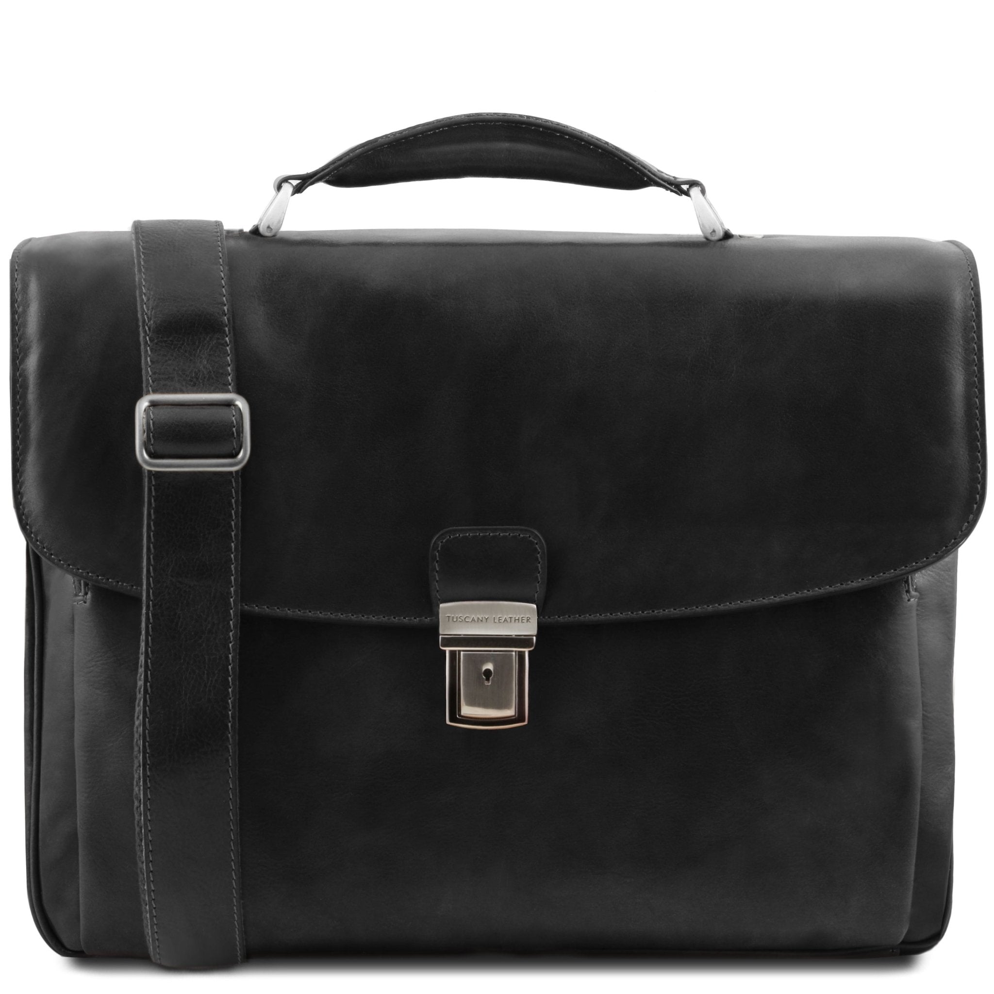 Alessandria Leather Multi Compartment TL SMART Laptop Briefcase in black front of bag image