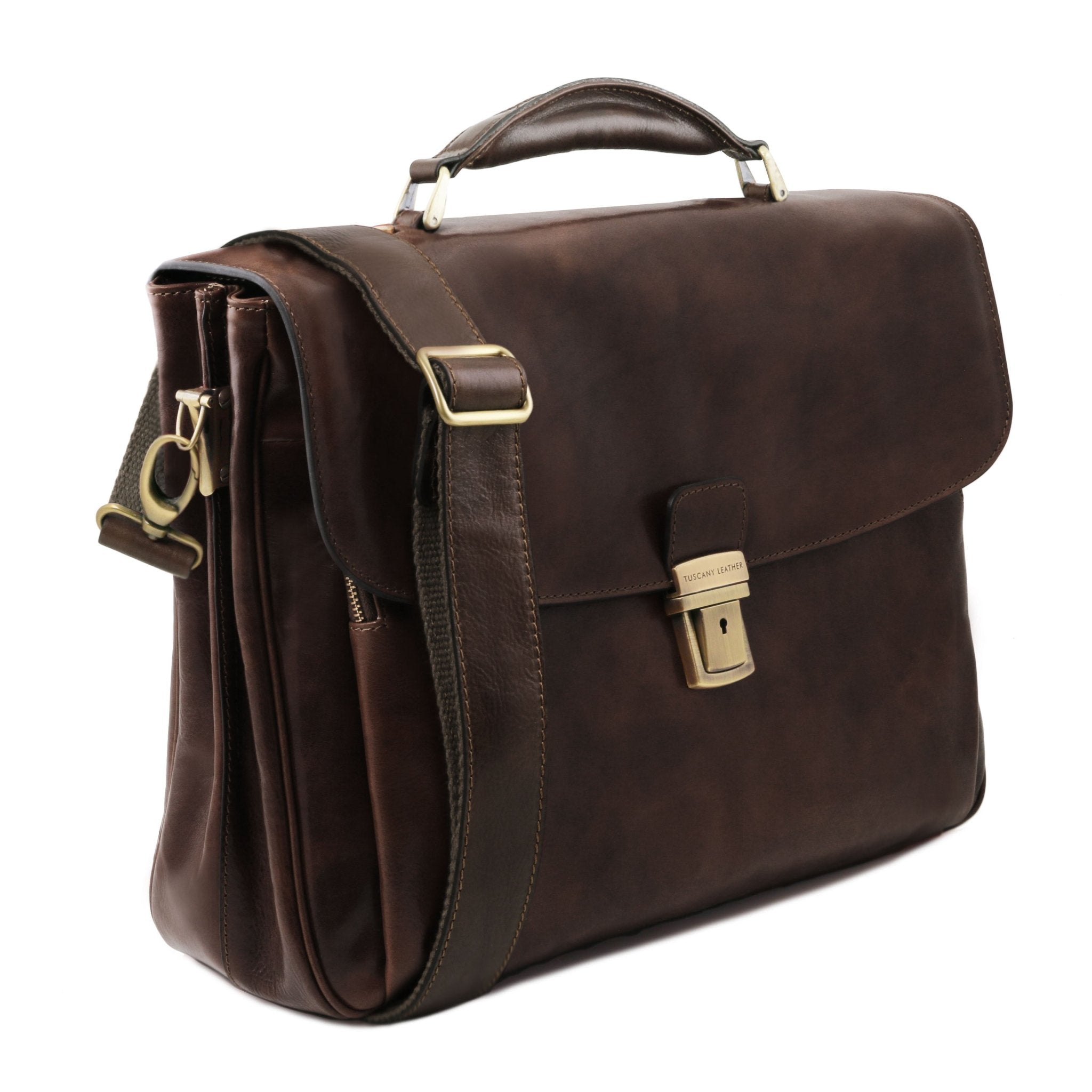 Alessandria Leather Multi Compartment TL SMART Laptop Dark Brown Briefcase with Adjustable and Removable Shoulder Strap