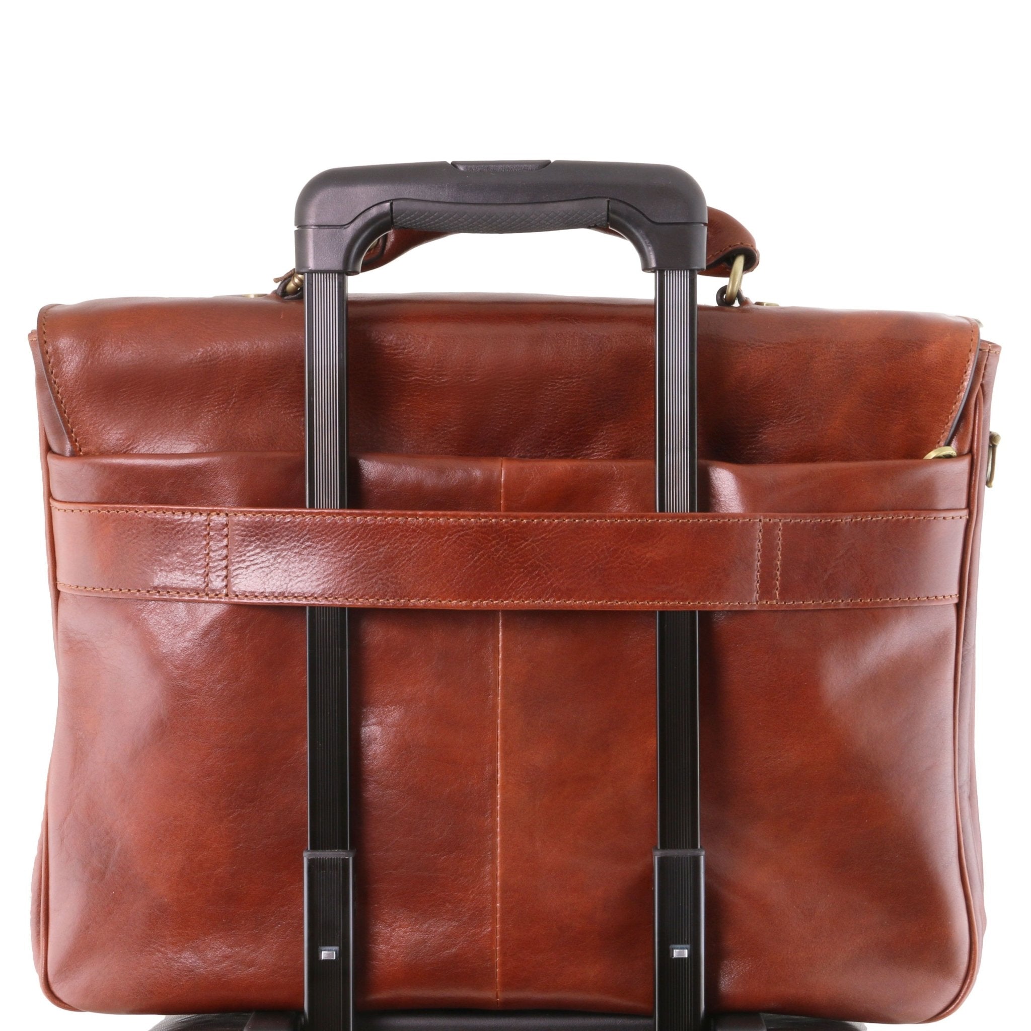 Alessandria Leather Multi Compartment TL SMART Laptop Brown Briefcase View of Back of Bag with Luggage Secure Band