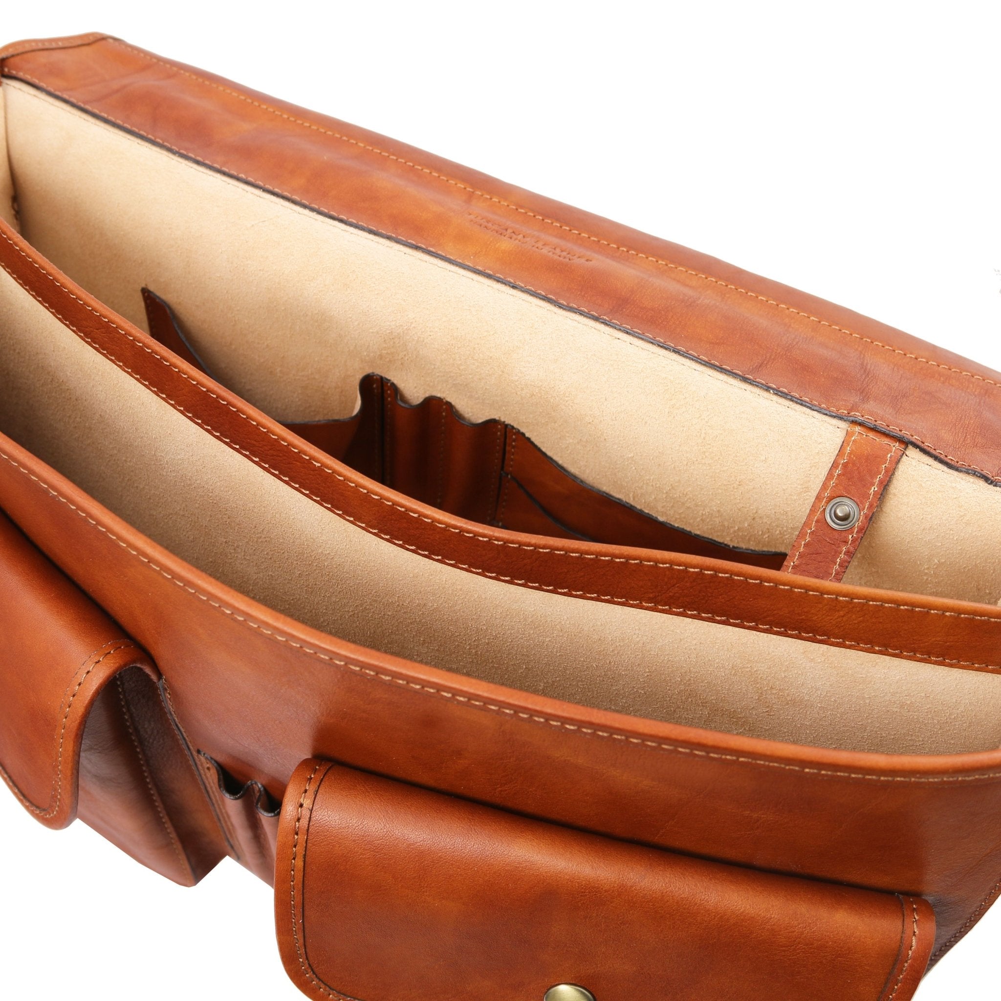 Interior View of the Ancona Leather Messenger Bag in Natural Showing the Laptop Pocket