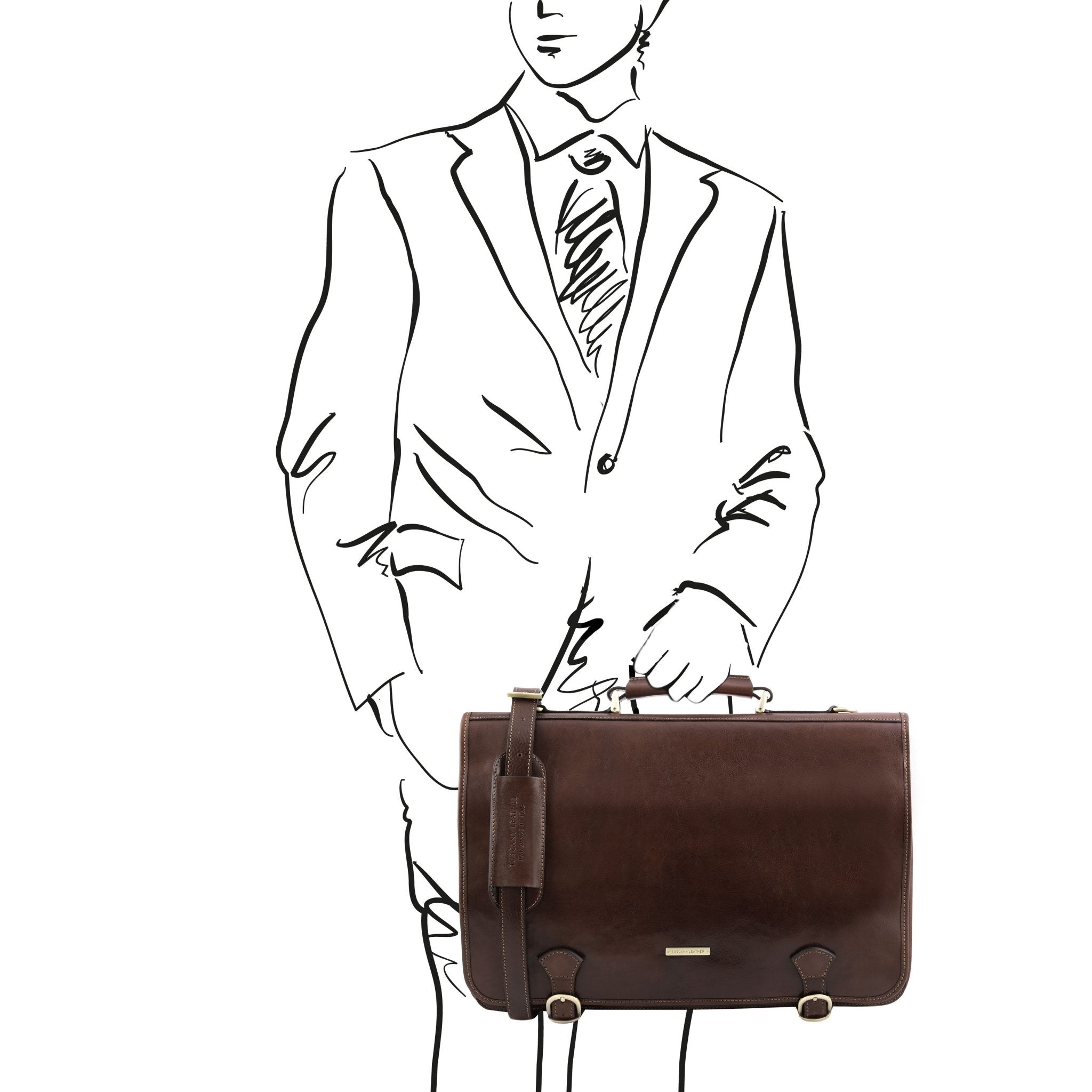 A black and white sketch of a man holding the Ancona Leather Messenger Bag in Dark Brown to show scale