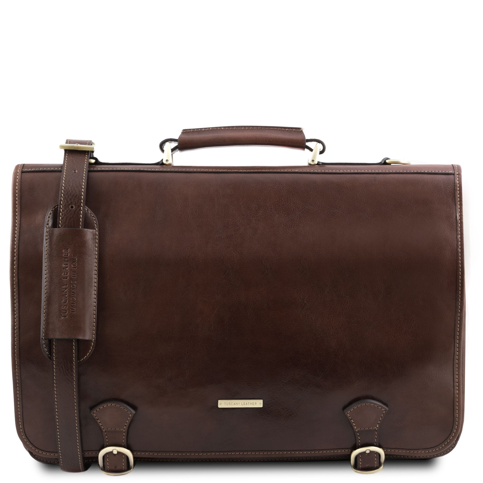 Front View of the Ancona Leather Messenger Bag in Dark Brown showing the Removable and Adjustable Shoulder Strap