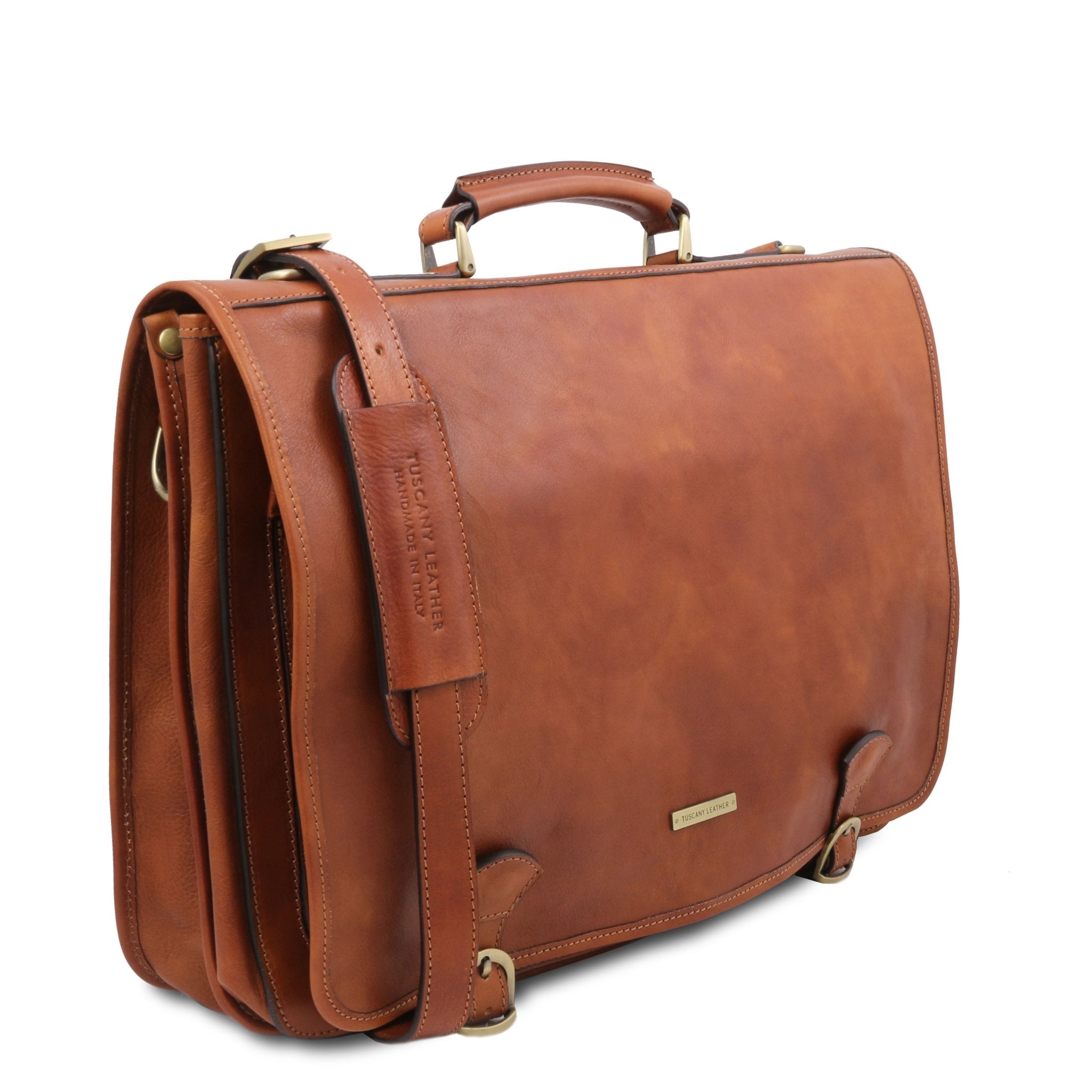 Side View of the Ancona Leather Messenger Bag in Natural showing the Removable and Adjustable Shoulder Strap