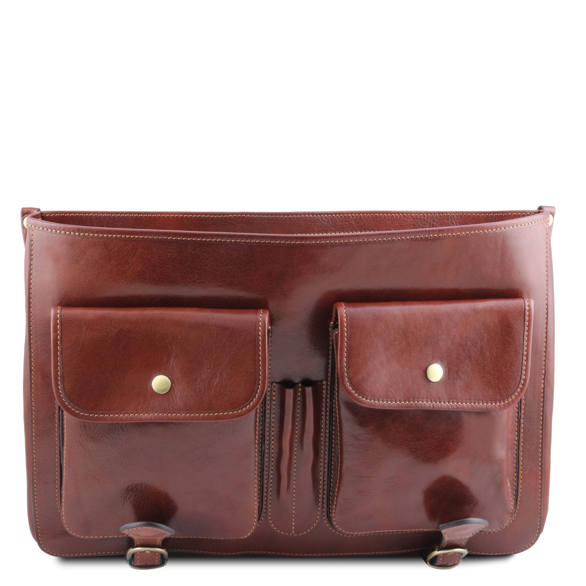 Front View of the Ancona Leather Messenger Bag in Brown showing the organizational pockets beneath the cover.