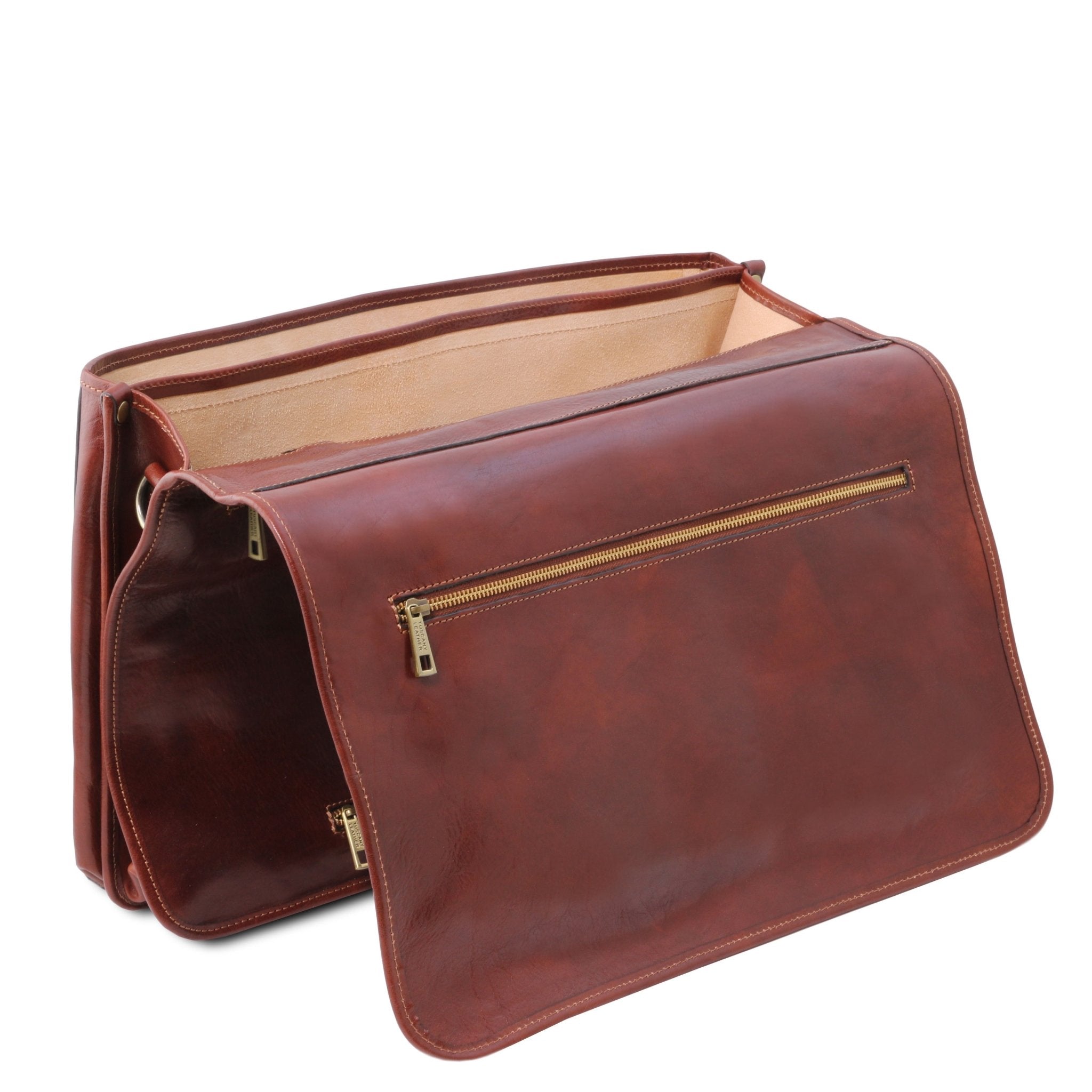 Rear View of the Ancona Leather Messenger Bag in Brown showing how the leather cover opens.