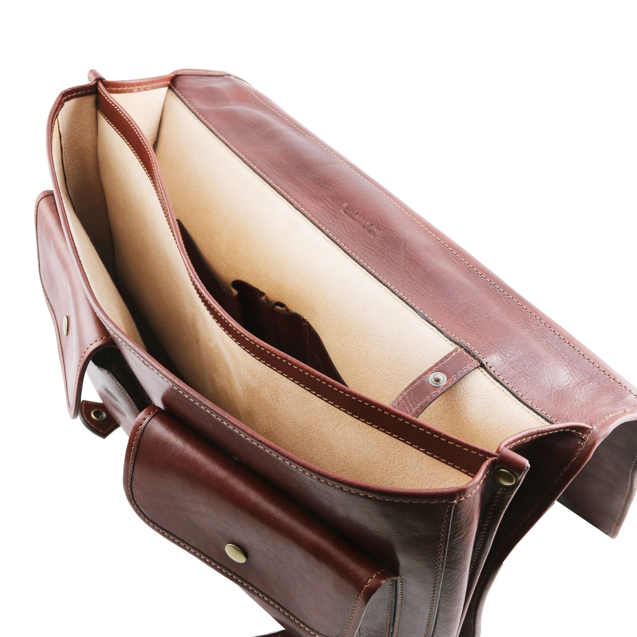 Interior View of the Ancona Leather Messenger Bag in Brown Showing the Laptop Pocket